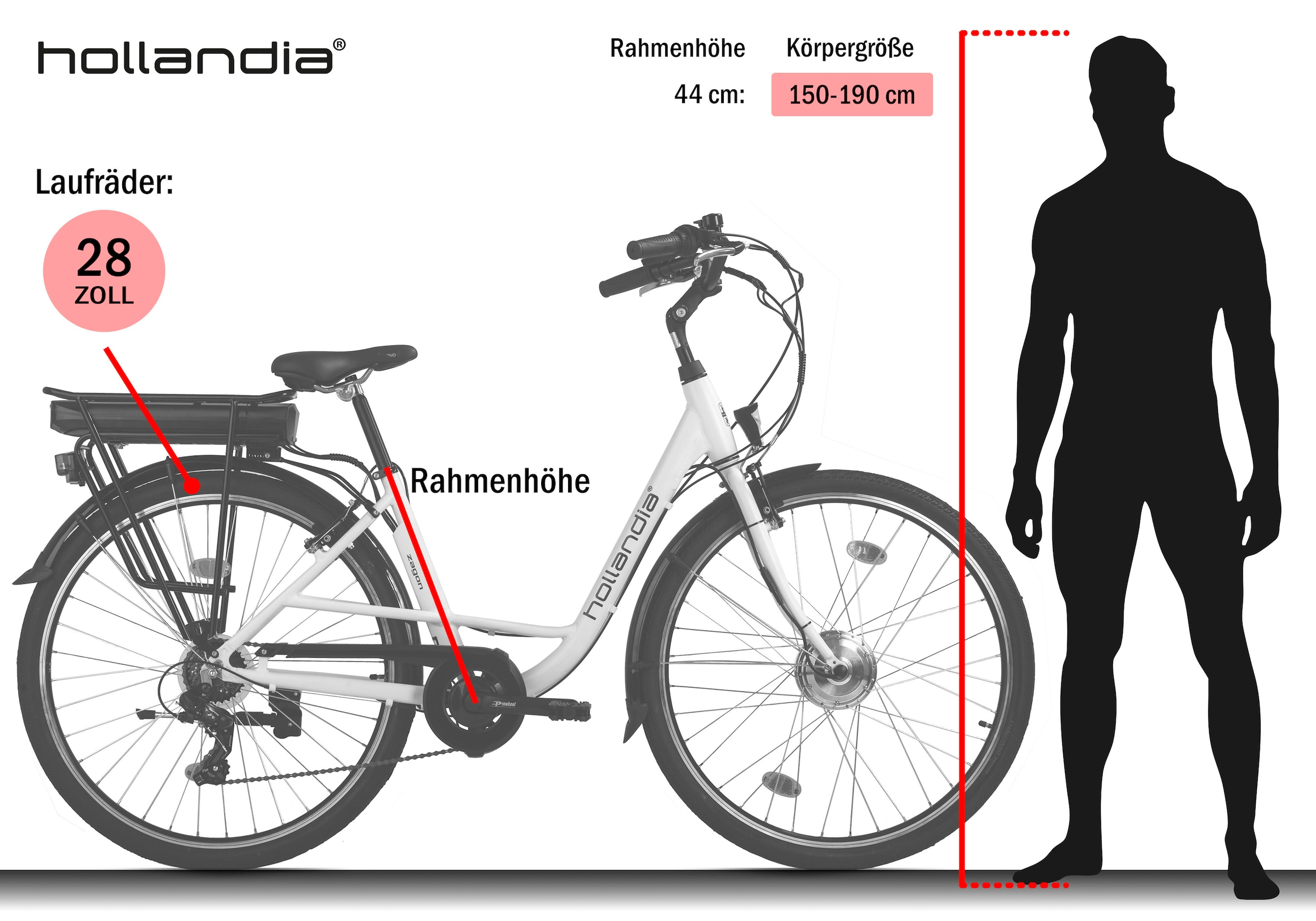 Hollandia »Zagon« 6 Gang Shimano Tourney Schaltwerk Kettenschaltung Frontmotor 250 W Pedelec, Elektrofahrrad für Damen u. Herren