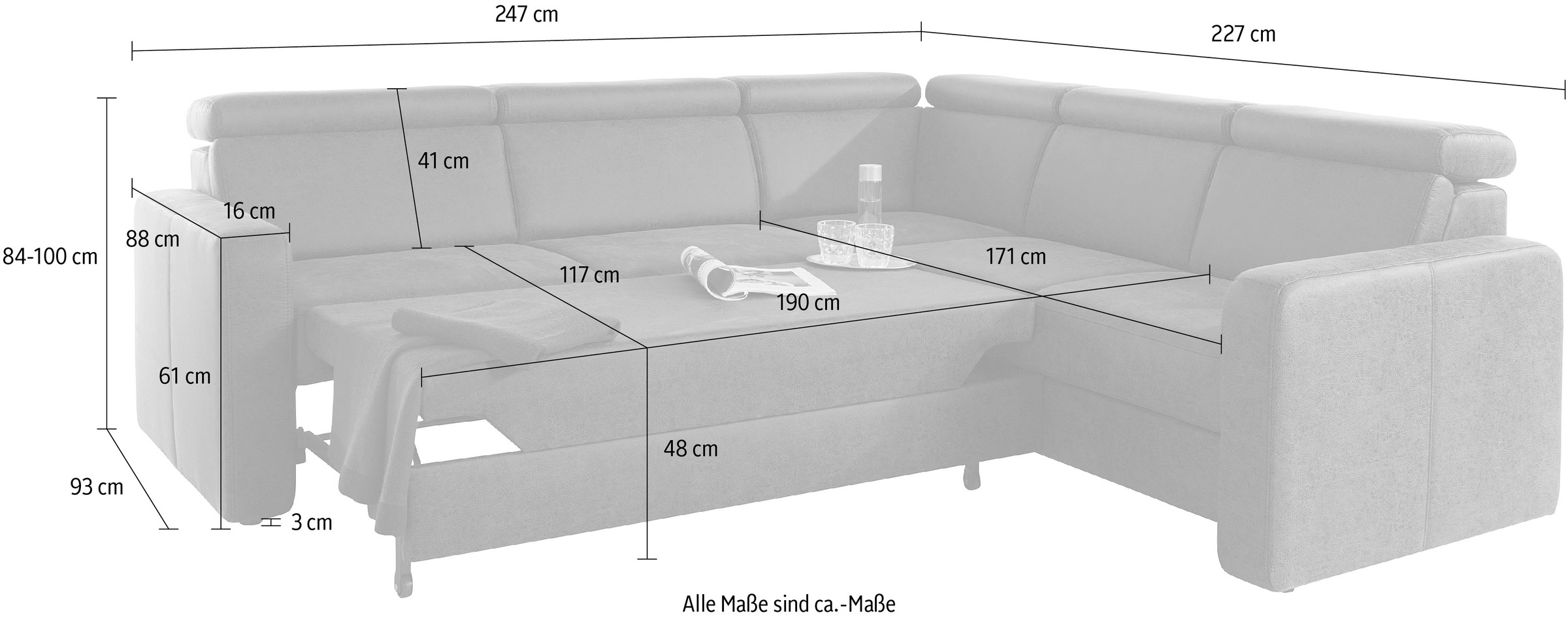 sit&more Ecksofa »Bologna L-Form«, Kopfteilverstellung, wahlweise mit Bettfunktion und Schubkasten