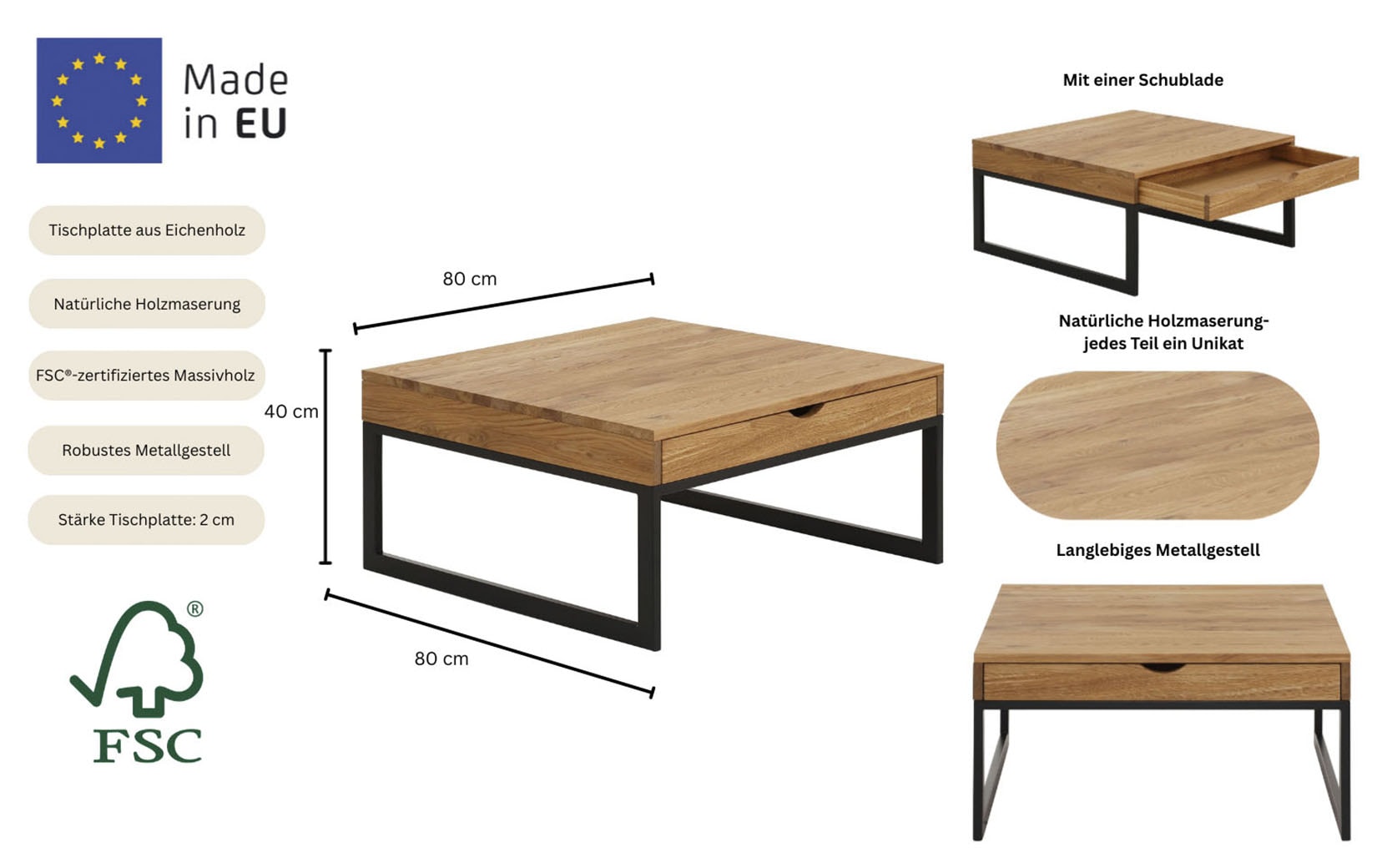 Home affaire Couchtisch »Betula«, zertifiziertes Massivholz (Eiche), in 3 verschiedenen Farbvarianten