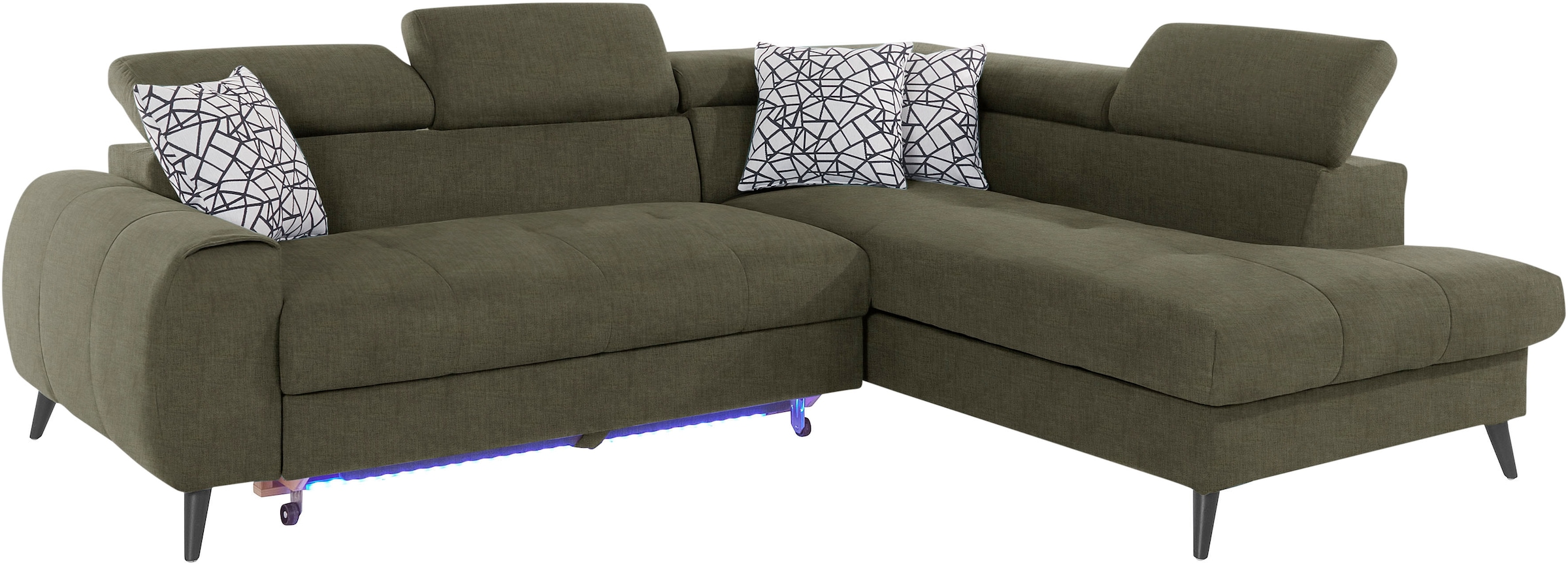 COTTA Ecksofa »Mia L-Form mit 3 Zierkissen«, wahlweise mit Bettfunktion, Bettkasten, Beleuchtung & Wireless-Charger