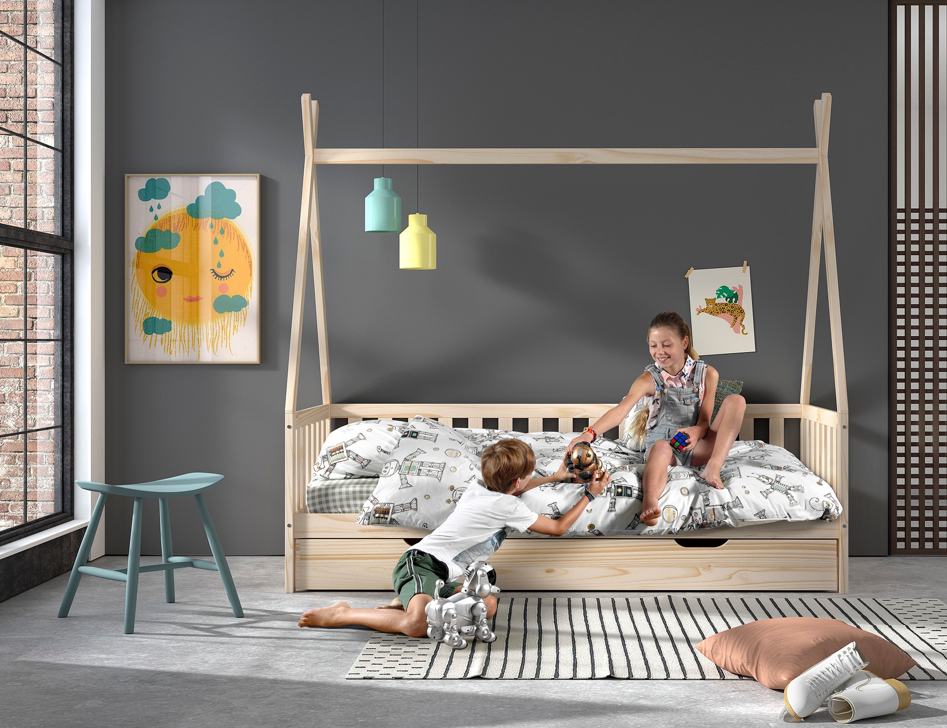 Vipack Massivholzbett »mit Tipi Dach, seitlich und hinten mit Sprossenumrandung« Liegefläche 90/200 cm mit Rollattenrost und Bettschublade auf Rollen,  Korpus aus massiver Kiefer, natur lackiert