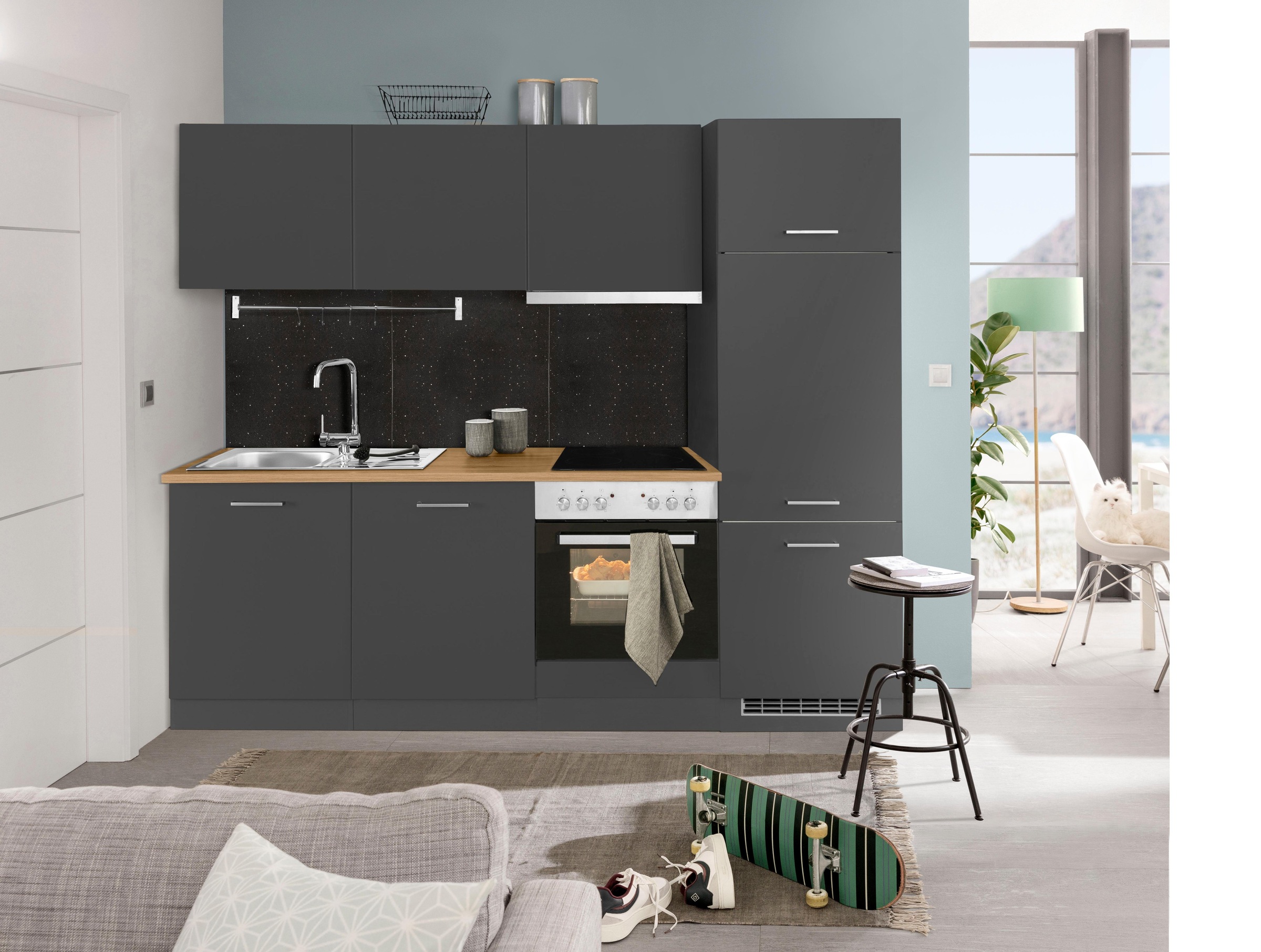 KOCHSTATION Küchenzeile »KS-Kehl«, mit E-Geräten, Breite 240 cm, inkl. Kühlschrank und Geschirrspüler