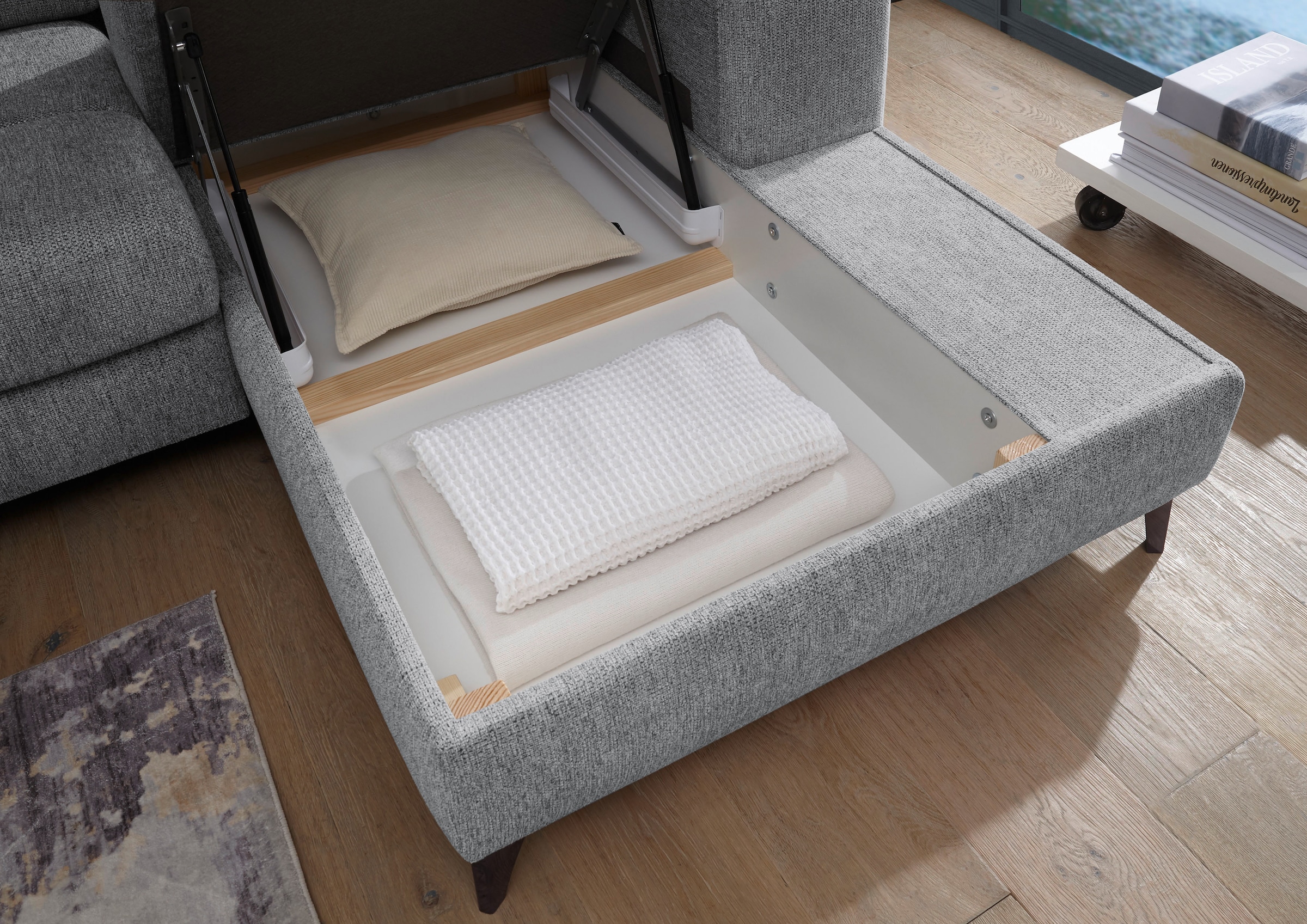 ED EXCITING DESIGN Ecksofa »Sydney L-Form mit Bettfunktion, Bettkasten, Kopfteilverstellung«, motorischer Sitztiefenverstellung, USB-Port & 2 Zierkissen