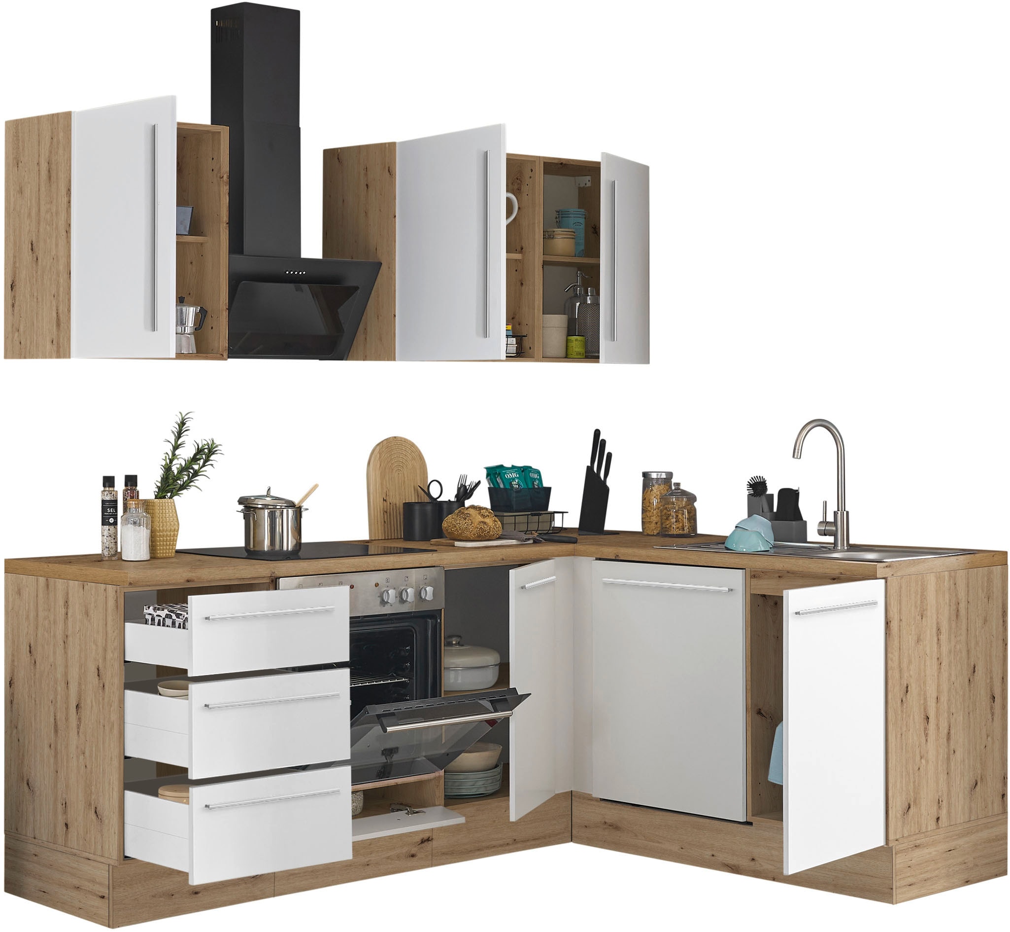 KOCHSTATION Winkelküche »Florida, Stellbreite 220x175 cm« wahlweise mit E-Geräten, mit Softclose für Türen und Schubkästen
