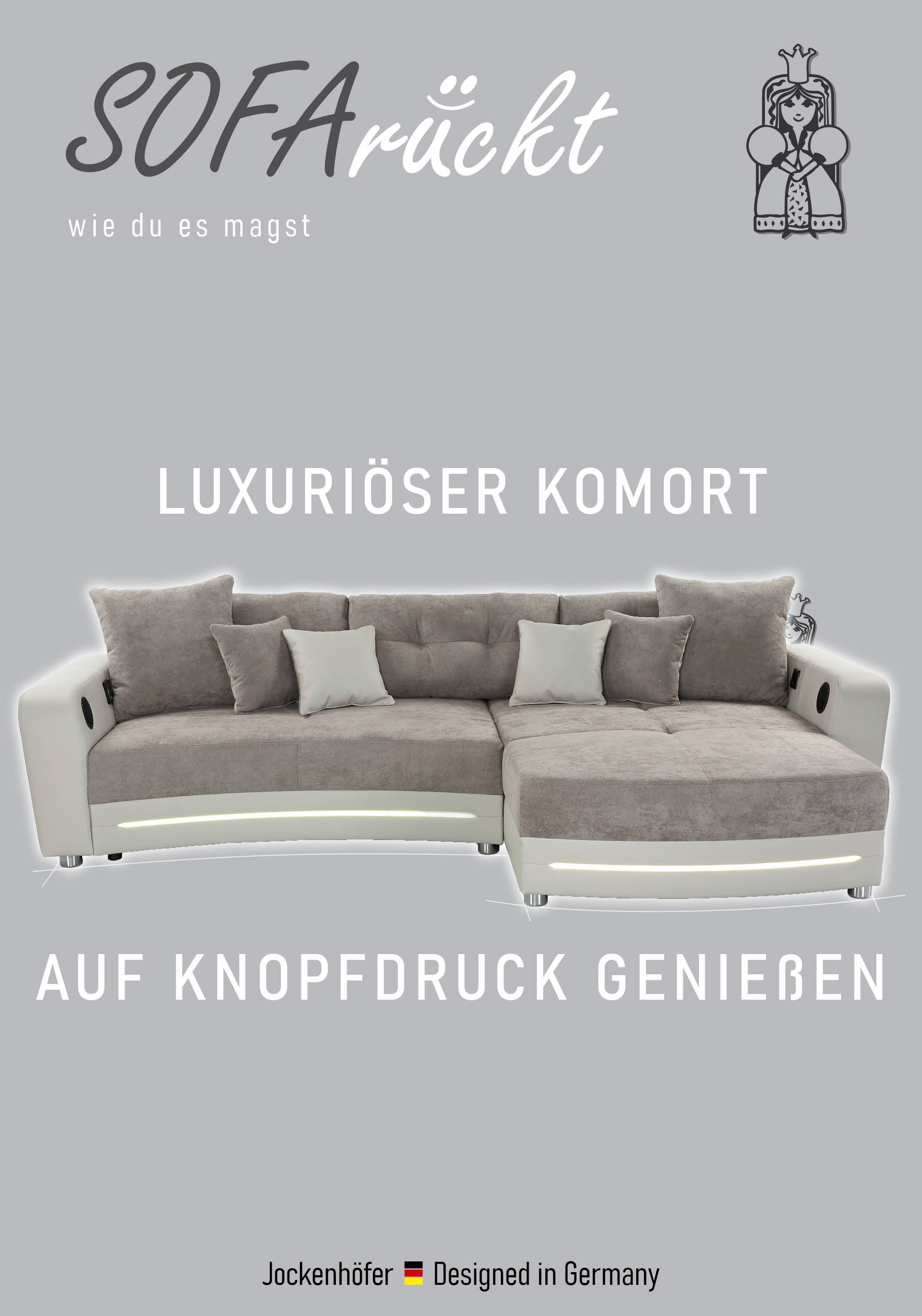 Jockenhöfer Gruppe Ecksofa »Laredo L-Form, B: 322 cm« mit RGB-LED-Beleuchtung, Soundsystem & Zierkissen