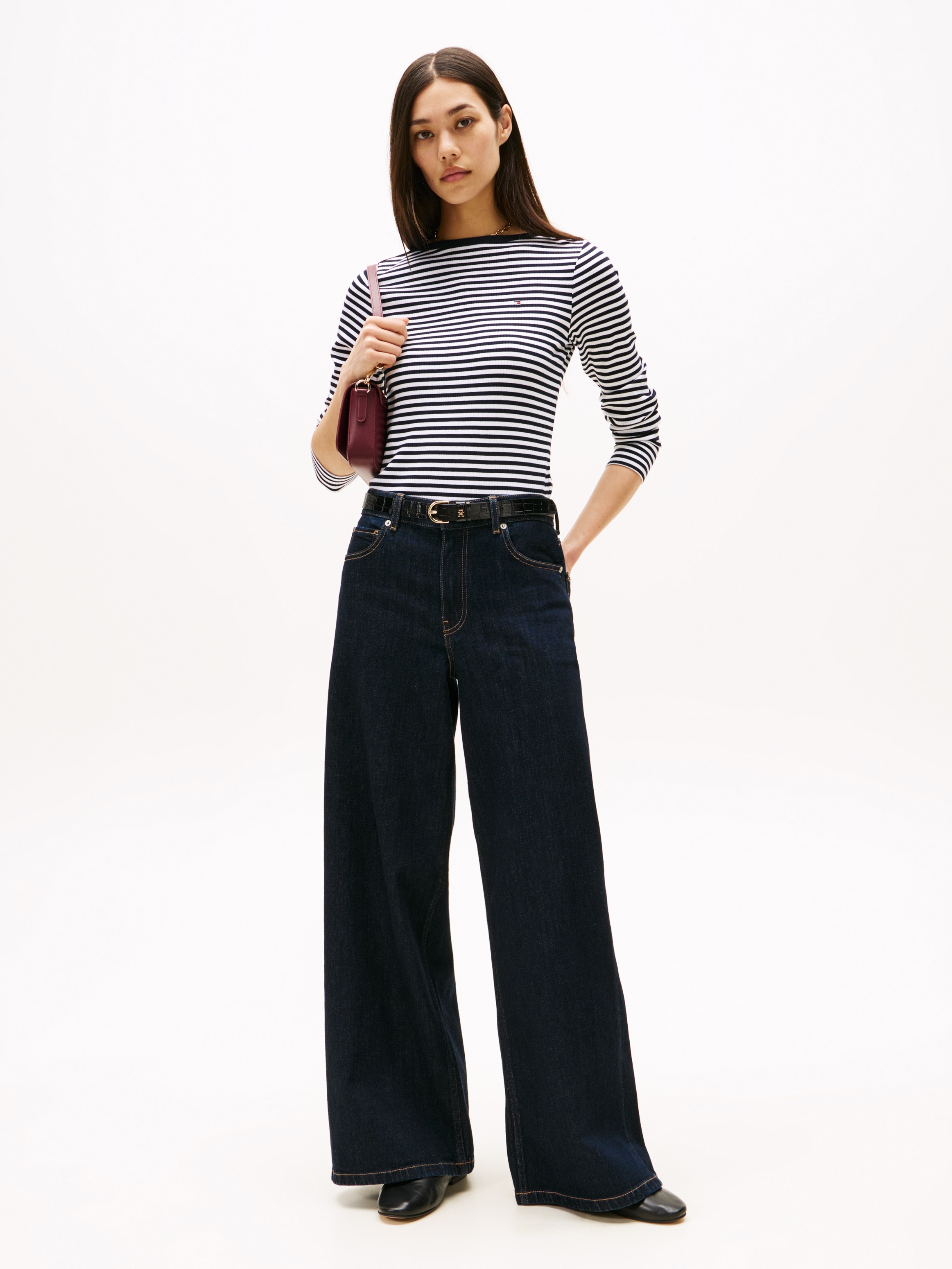Tommy Hilfiger Langarmshirt »SLIM 5X2 RIB BOAT-NK LS mit U-Boot und Rippstruktur«, unifarben, casual, slim fit, Viskosemix, U-Boot-Ausschnitt