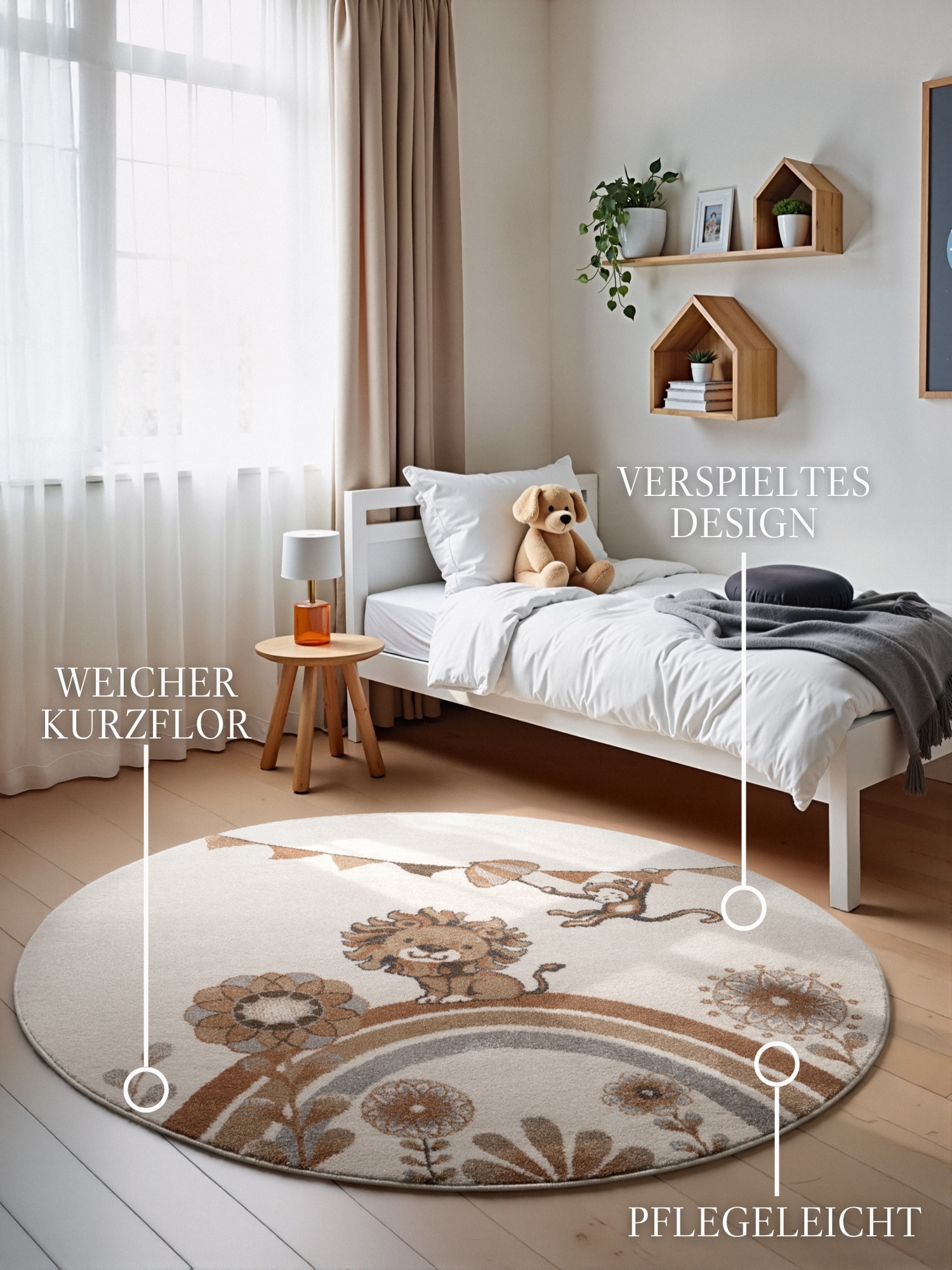 Villeroy & Boch Kinderteppich »Roar like a Lion« rund 9 mm Höhe Spielteppich weich, Kinderzimmer, Boho Kids Spielunterlage, Tieremotiv