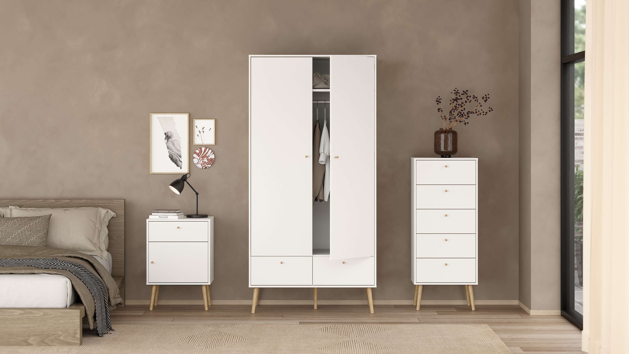 andas Kleiderschrank »Bodo, Drehtürenschrank, Aufbewahrung Kasten Schrank Stauraum«, 2 Türen, 2 Schubladen, Beine und Griffe Massivholz, Breite 99 cm