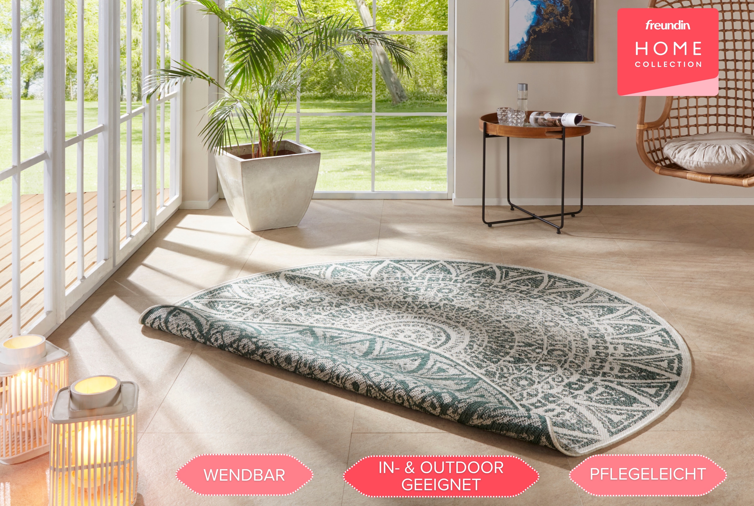 freundin Home Collection Teppich »Lilja Wendeteppich«, rund, 5 mm Höhe, In-& Outdoor, beidseitig, Wetterfest, Balkon, Garten, Wohnzimmer