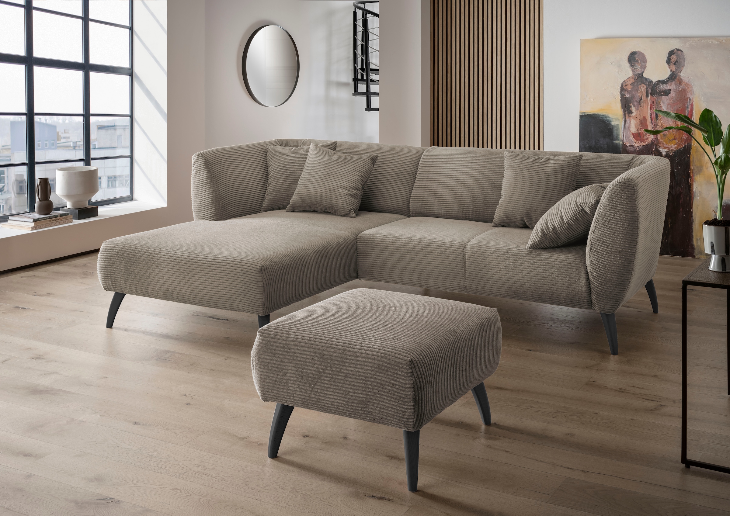 INOSIGN Ecksofa »Colori L-Form«, Holzfußfarbe wählbar, inkl. 4x Zierkissen günstig online kaufen