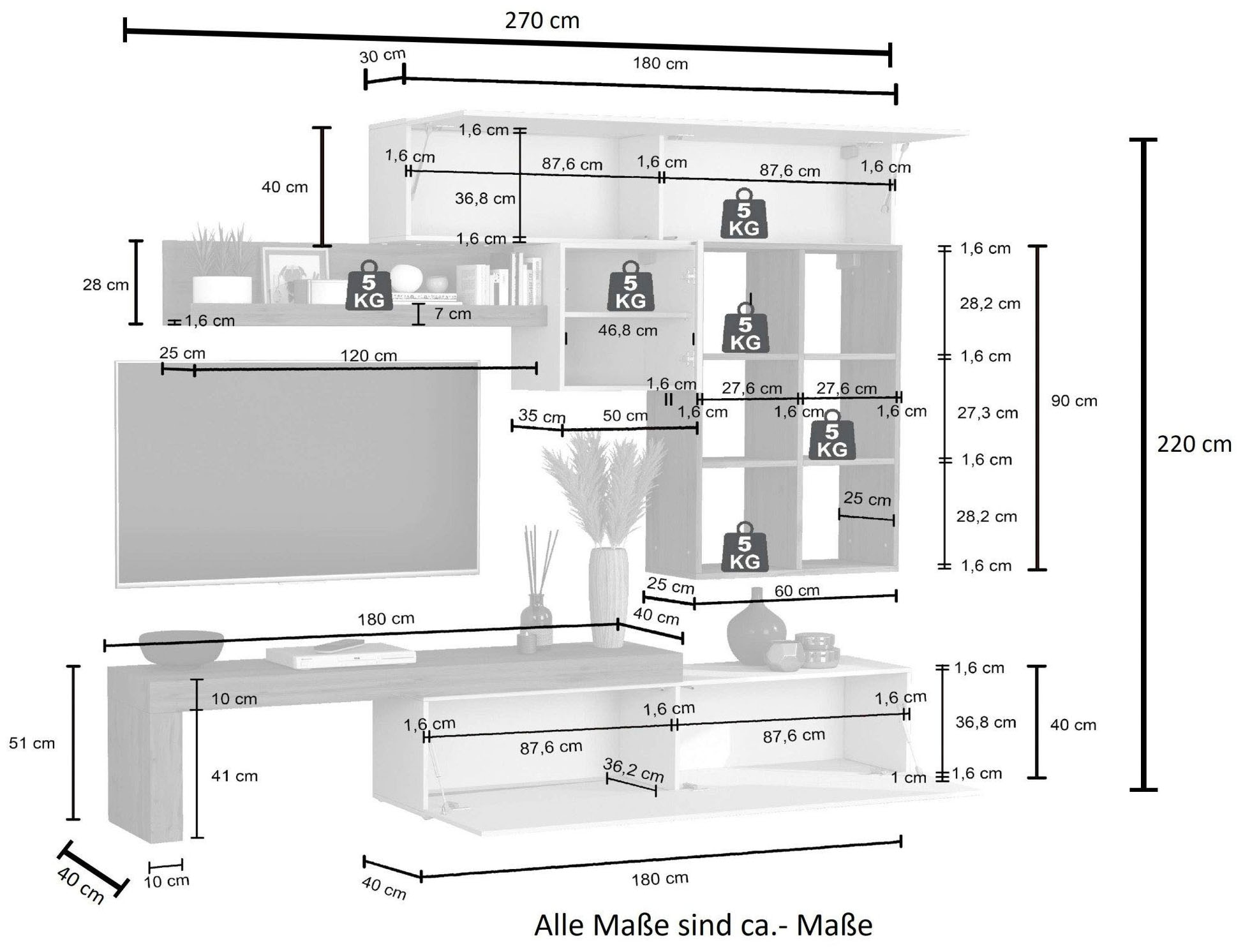 OTTO home Wohnwand »Chronos Wohnwand, Medienwand, 5-er set« 5 Stk. tlg.