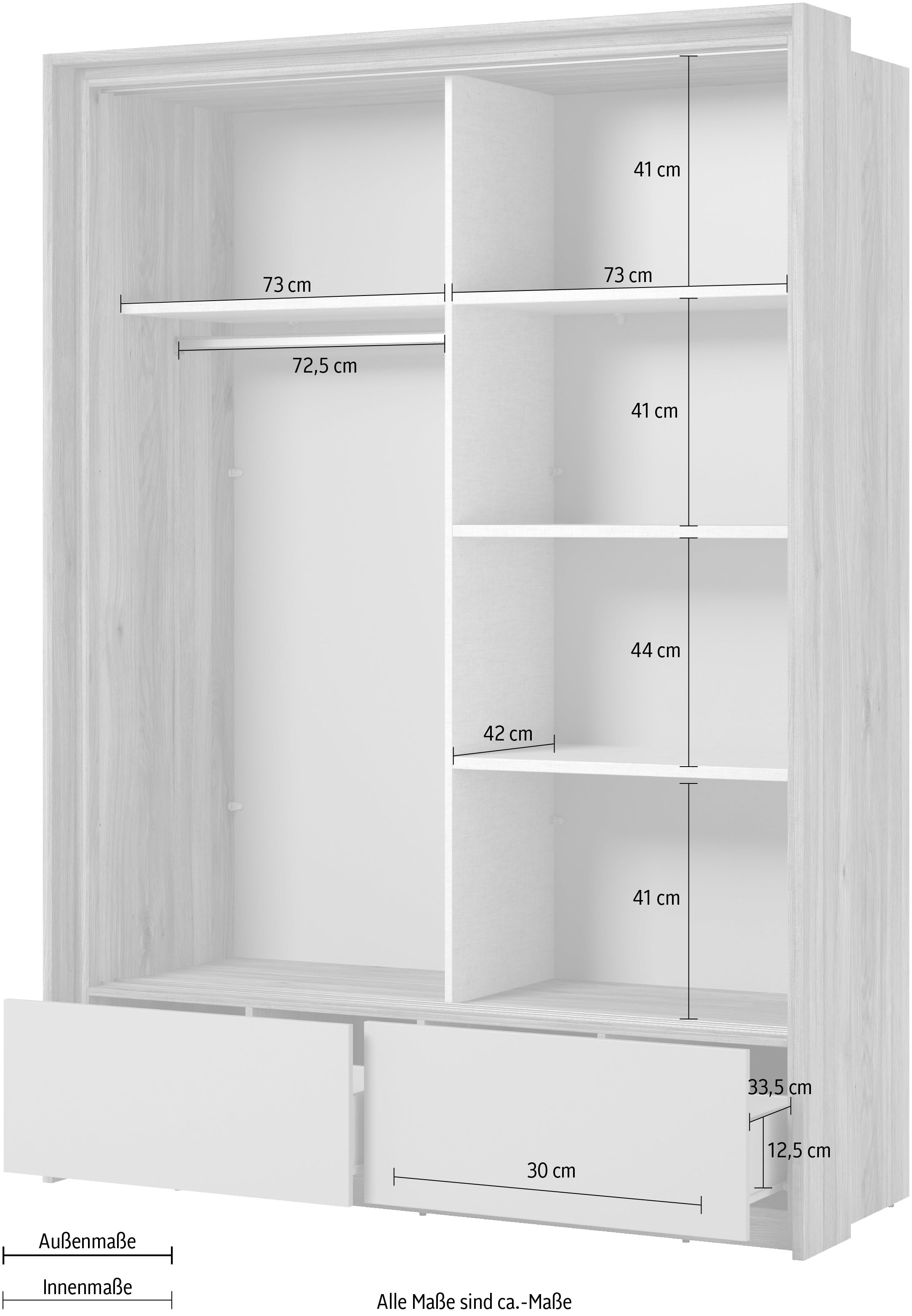 INOSIGN Schwebetürenschrank »Wharton, Breite 159 oder 209 cm, Kleiderschrank incl. Innenausstattung«, Wäscheschrank, 2 Schubkästen, 2 Spiegel, Metallgriffe, Garderobe