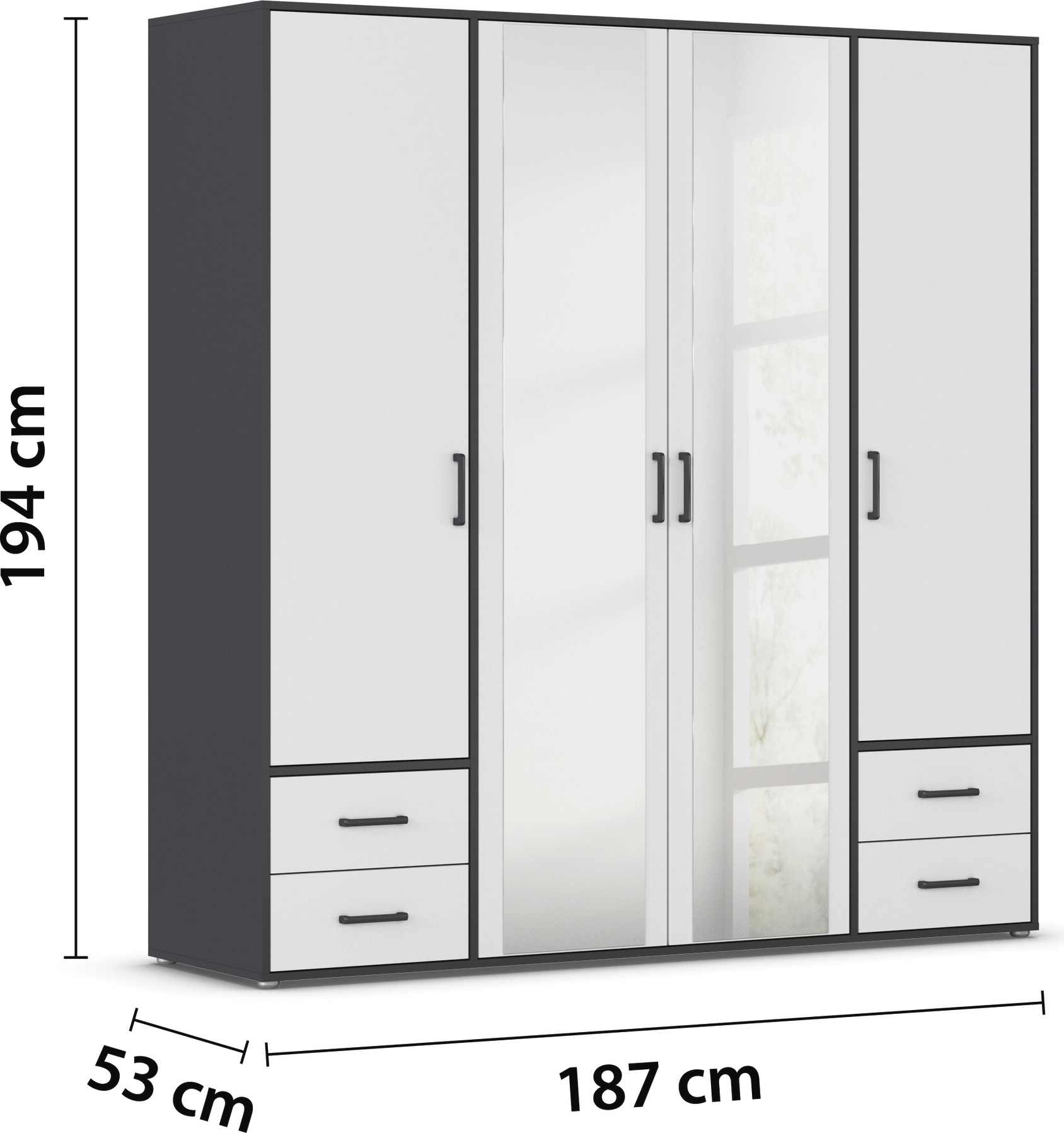 rauch Drehtürenschrank »Kleiderschrank Schrank Garderobe Wäscheschrank VOYAGER«, (in 3 verschiedenen Ausstattungen BASIC/CLASSIC/PREMIUM), mit modernen Griffen in Graumetallic, inkl. Schubkästen und Spiegel