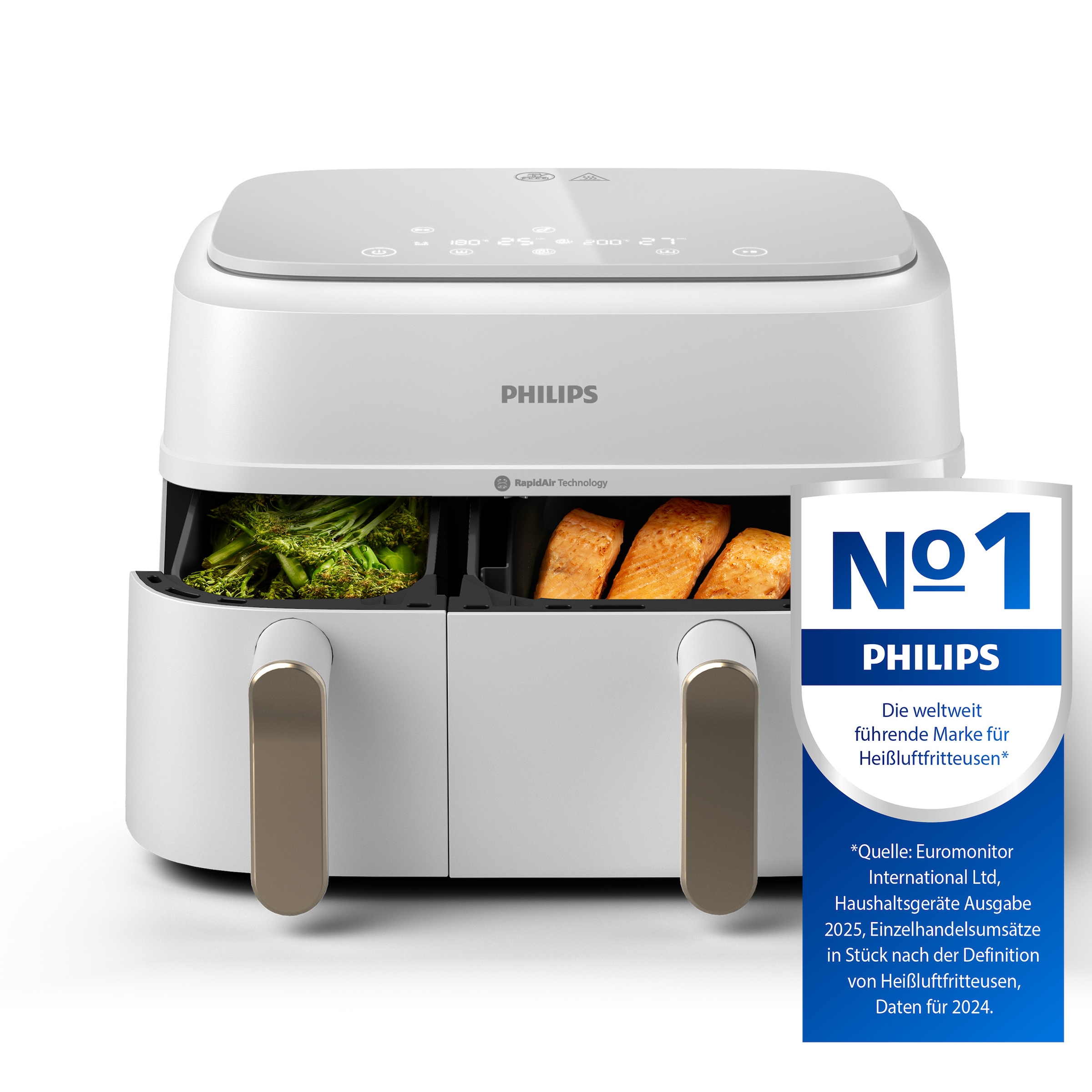 Philips Heißluftfritteuse »Airfryer 3000 Dual Basket NA353/10, zwei Körbe mit 9L (3L+6L)«, 2750 W, RapidAir Technologie und 12 Kochfunktionen; Weiß/Champagner