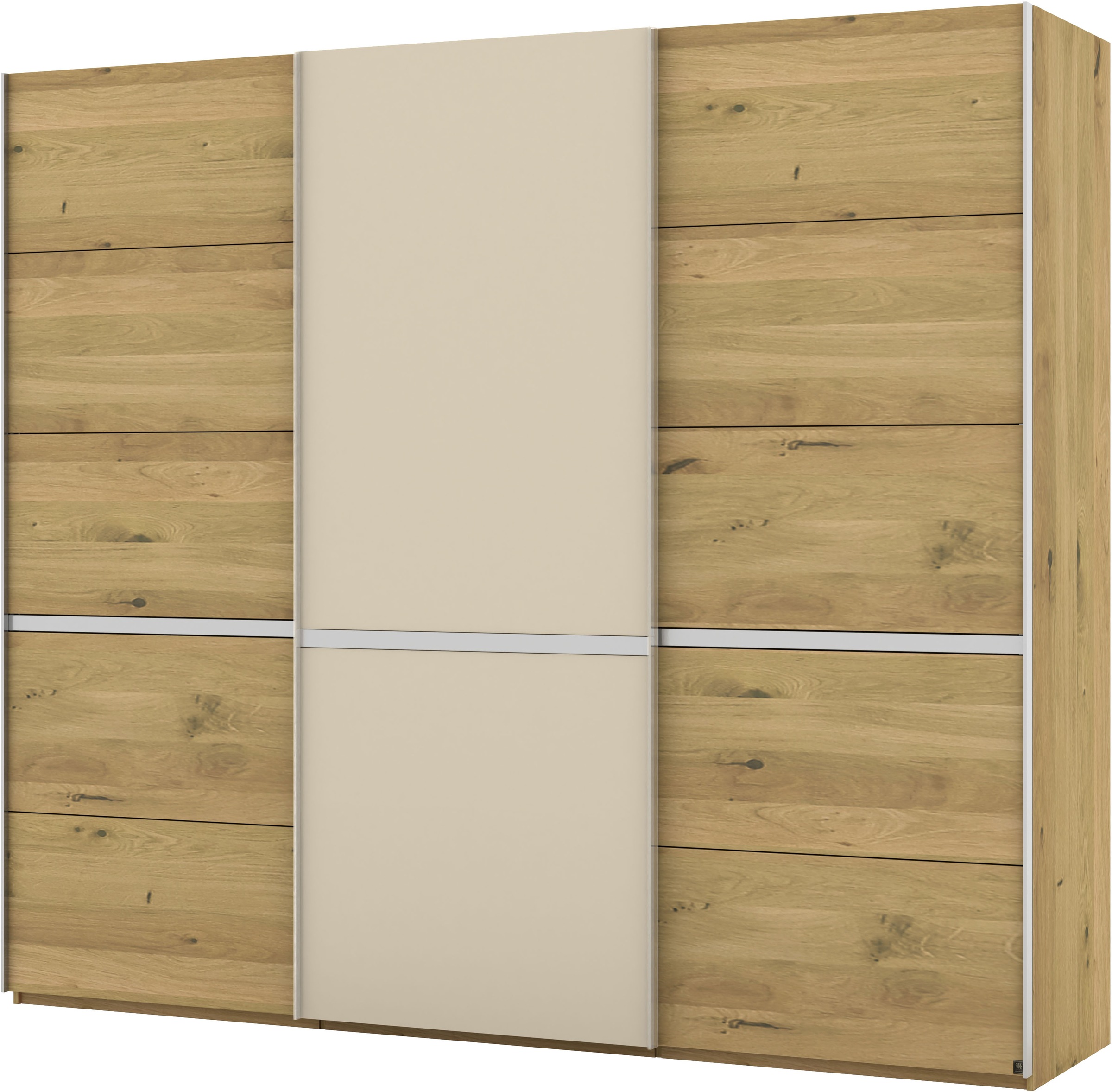 Musterring Schwebetürenschrank »Savona, Kleiderschrank, Schrank, Garderobe, mit Schiebetüren«, (Teilmassiv Bianco-Eiche, mit Spiegel oder Glas, MADE IN GERMANY), Türen Bianco-Eiche massiv, Spiegel-/Glastüren, eingelegte Chromleiste