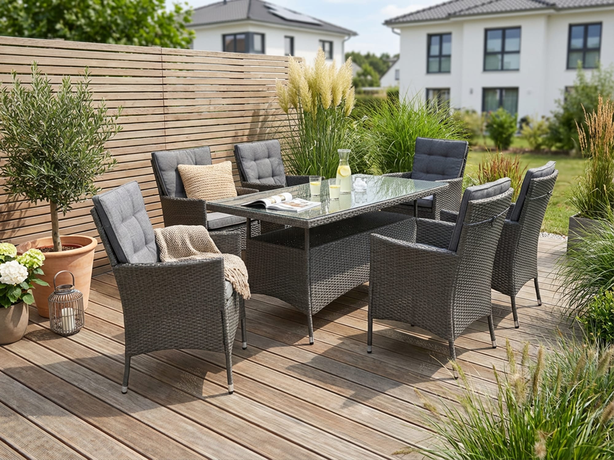 KONIFERA »Korfu« Set, 6x Sessel, 1xTisch: 150x80x73,5 cm, inkl. Auflagen, inkl. Schutzhülle, 13 Stk. tlg. Tischplatte aus Sicherheitsglas, Staufläche unter dem Tisch