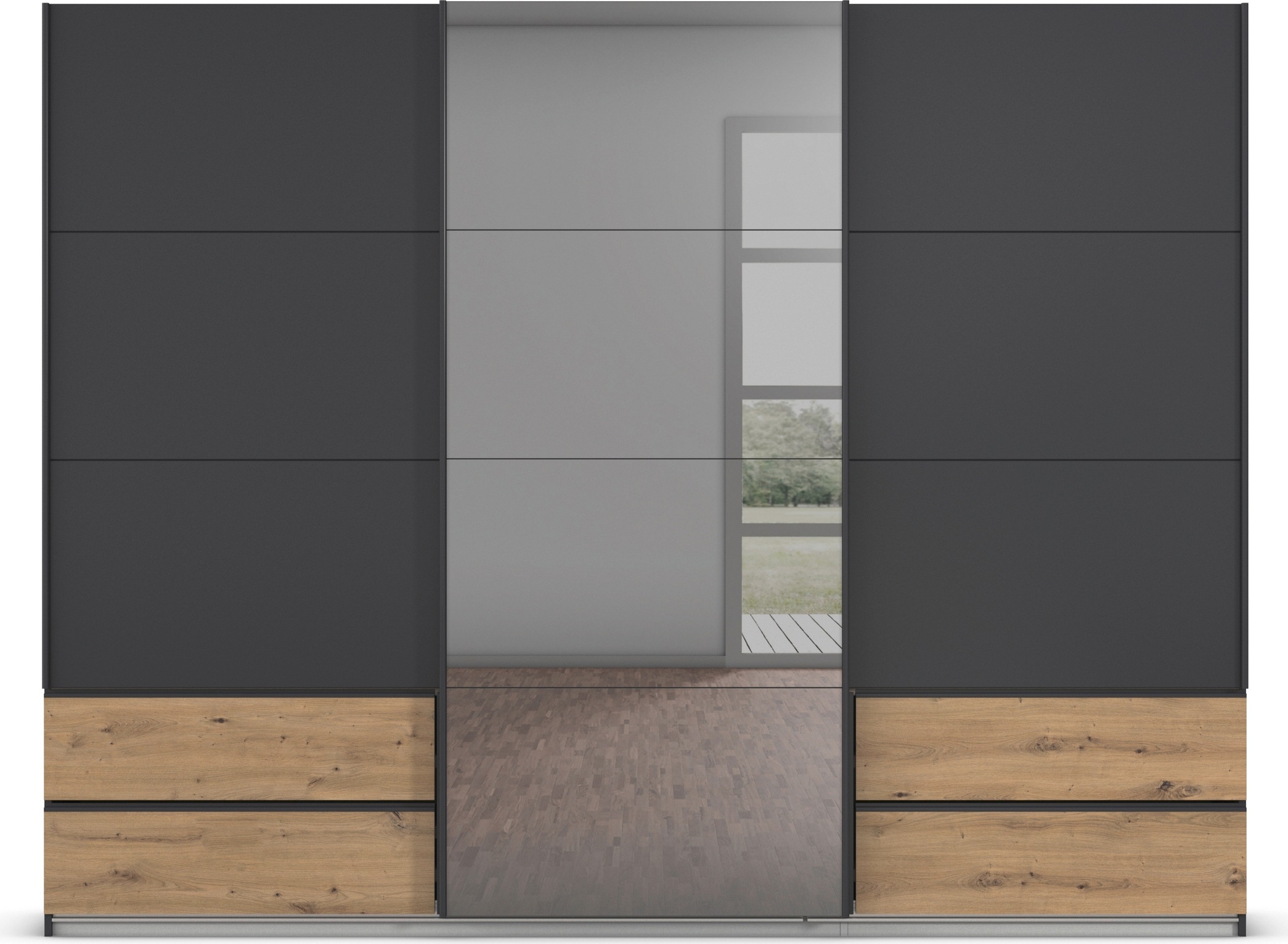 rauch Schwebetürenschrank »Kleiderschrank Schrank Garderobe ELARA Glastür/Grauspiegel«, praktische Schubladen optional farblich abgesetzt MADE IN GERMANY