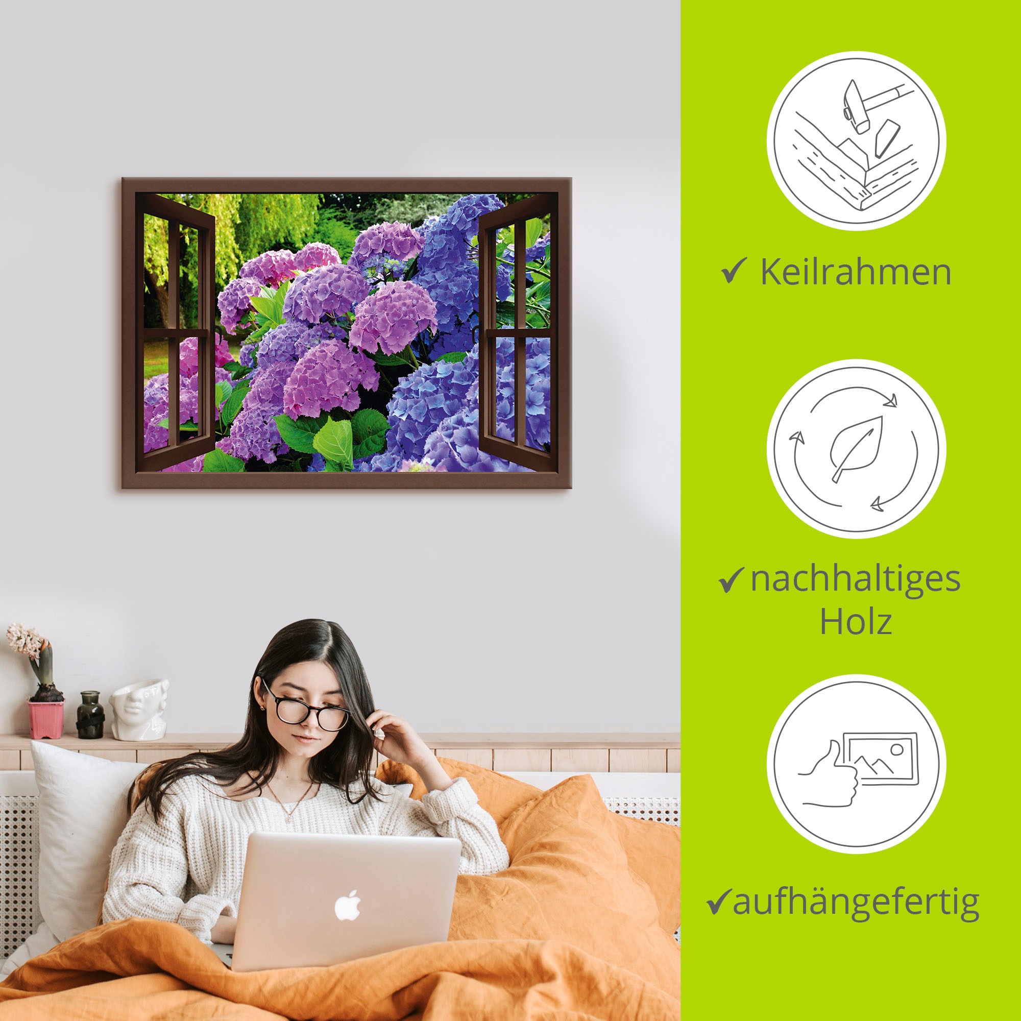 Artland Wandbild »Fensterblick - Hortensien im Garten«, Blumen, (1 St.), als Leinwandbild, Poster in verschied. Größen
