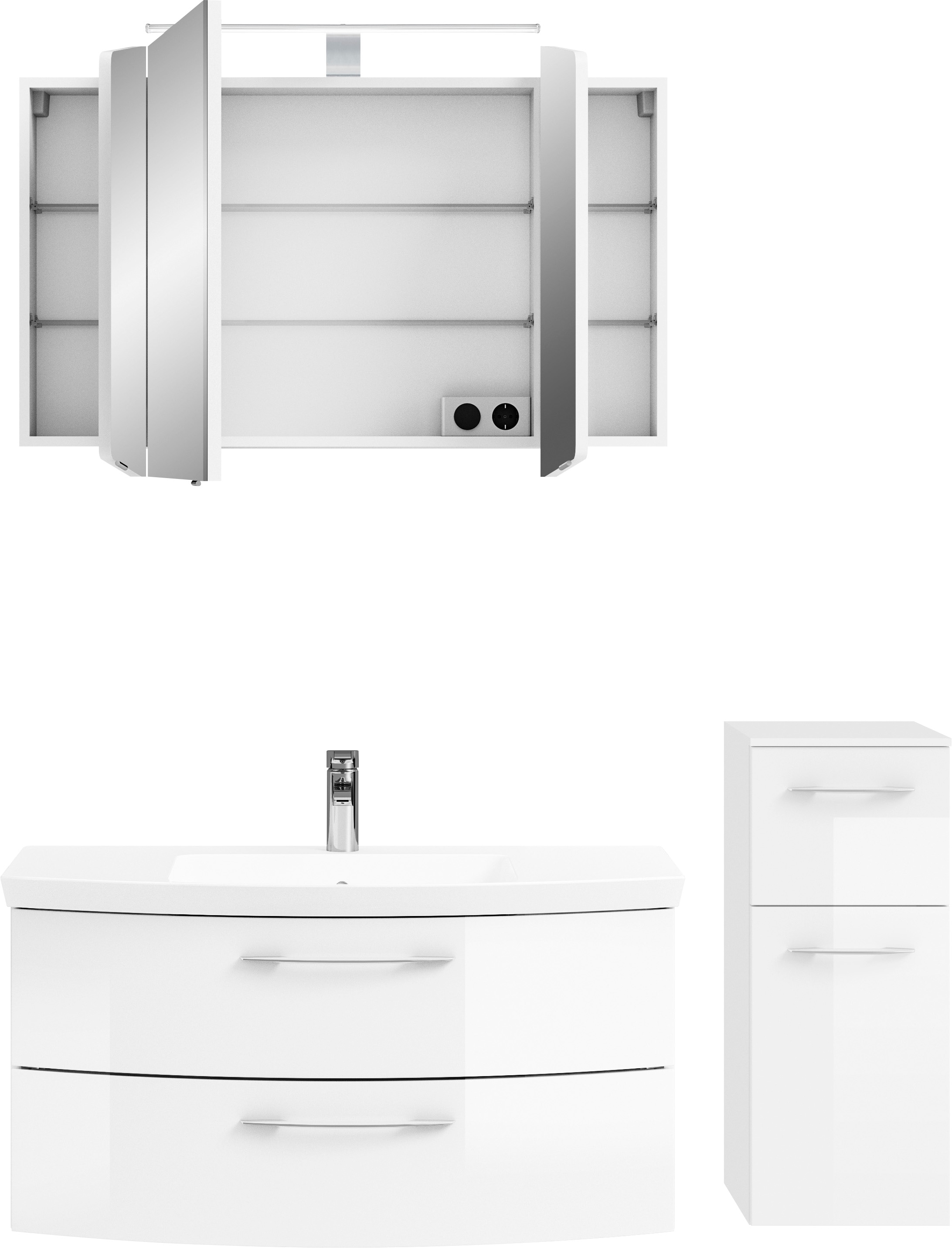 Saphir Badmöbel-Set »Cassca Sprint 3-teilig Mineralmarmor-Waschtisch mit LED-Spiegelschrank«, (4 St.), mit Unterschrank, 4 Türen, 3 Schubladen, inkl. Türdämpfer