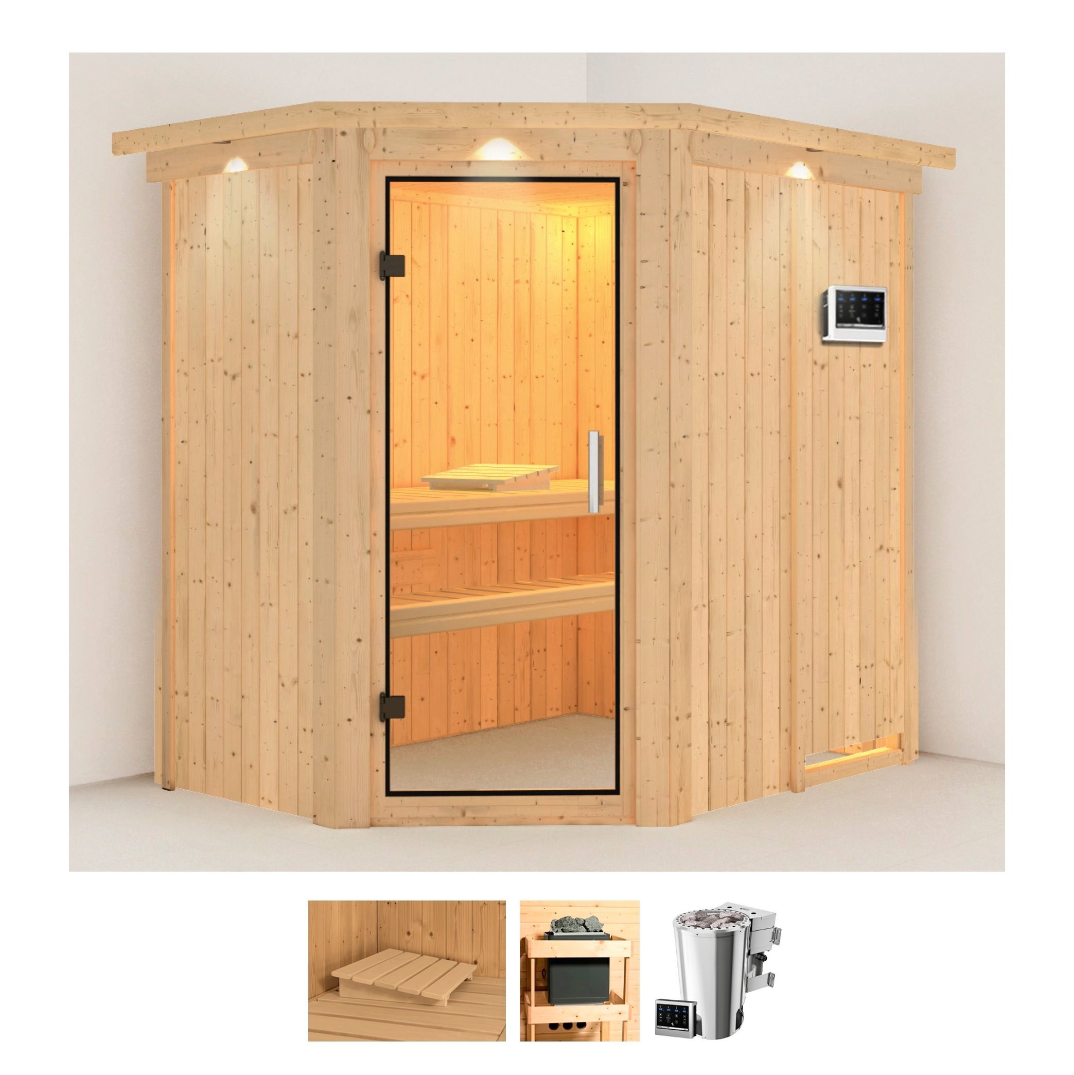 KARIBU Sauna »Swantje« Set, Ofen 3, 6 kW Bio-Ofen externe Strg. easy naturbelassen