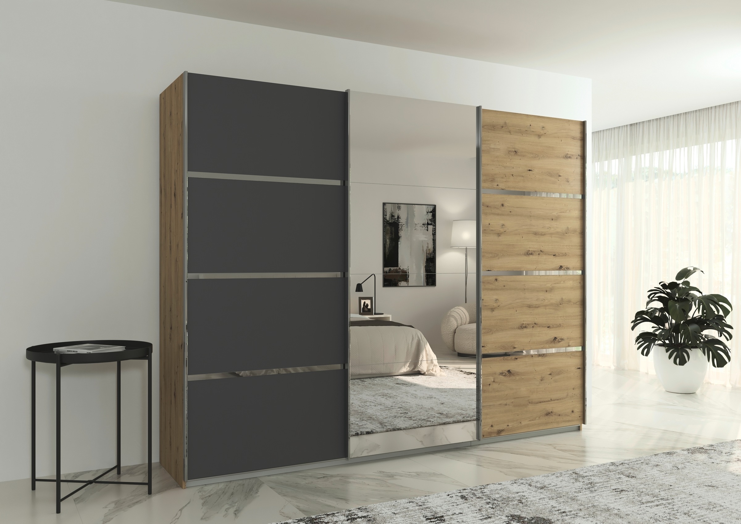 rauch Kleiderschrank »Schwebetürenschrank OTTO´s Choice Garderobe Schrank TOP ANGEBOT Avola«, (in 3 verschiedenen Ausstattungen BASIC/CLASSIC/PREMIUM inkl. Spiegel), mit eleganten Zierleisten in Chrom, Schwarz oder Weiß MADE IN GERMANY