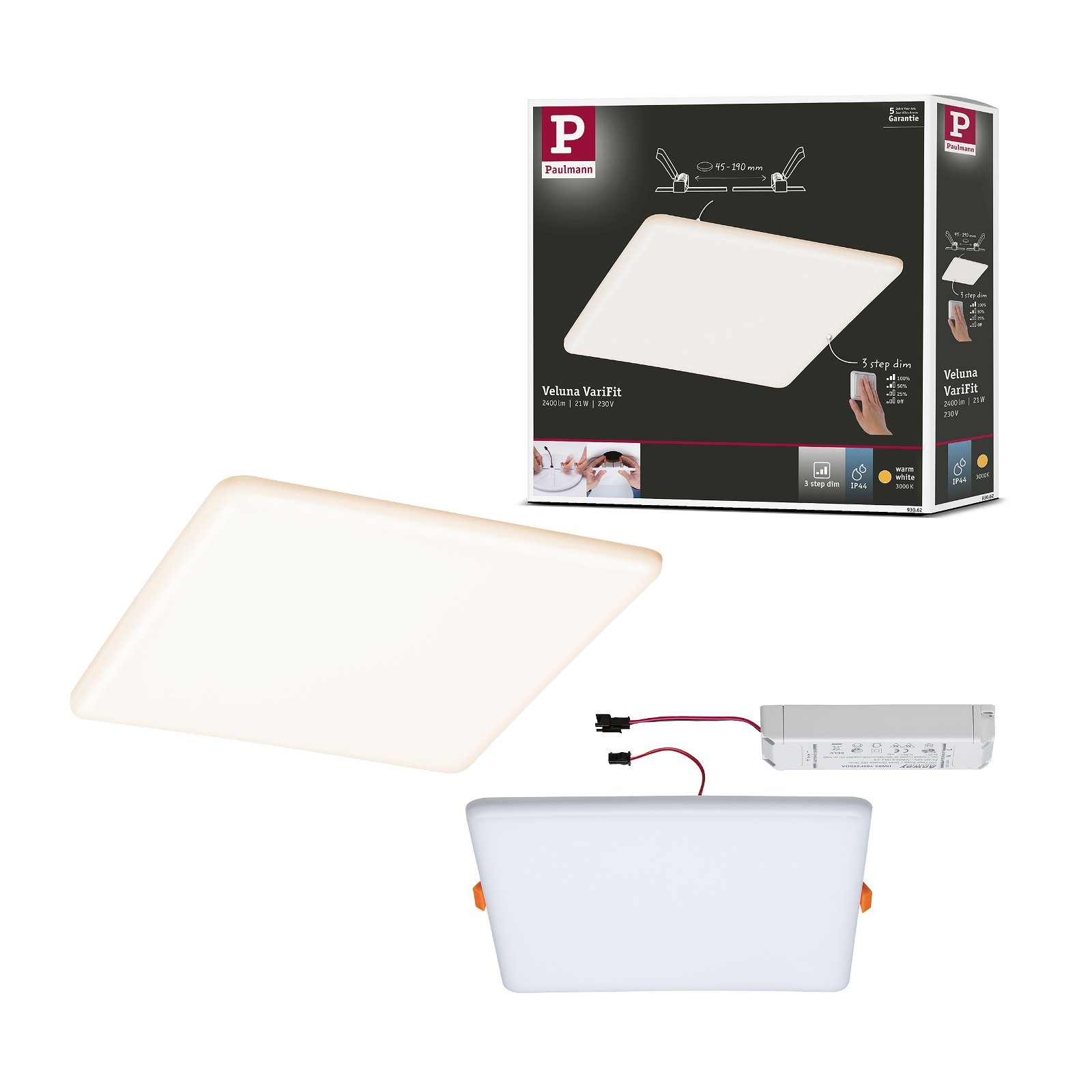 Paulmann LED Einbauleuchte »VariFit Veluna IP44 eckig 215x215mm 21W 1650lm 3000K Satin 3-Step-Dim« 1 Stk. Warmweiß Einbaupanel, dimmbar
