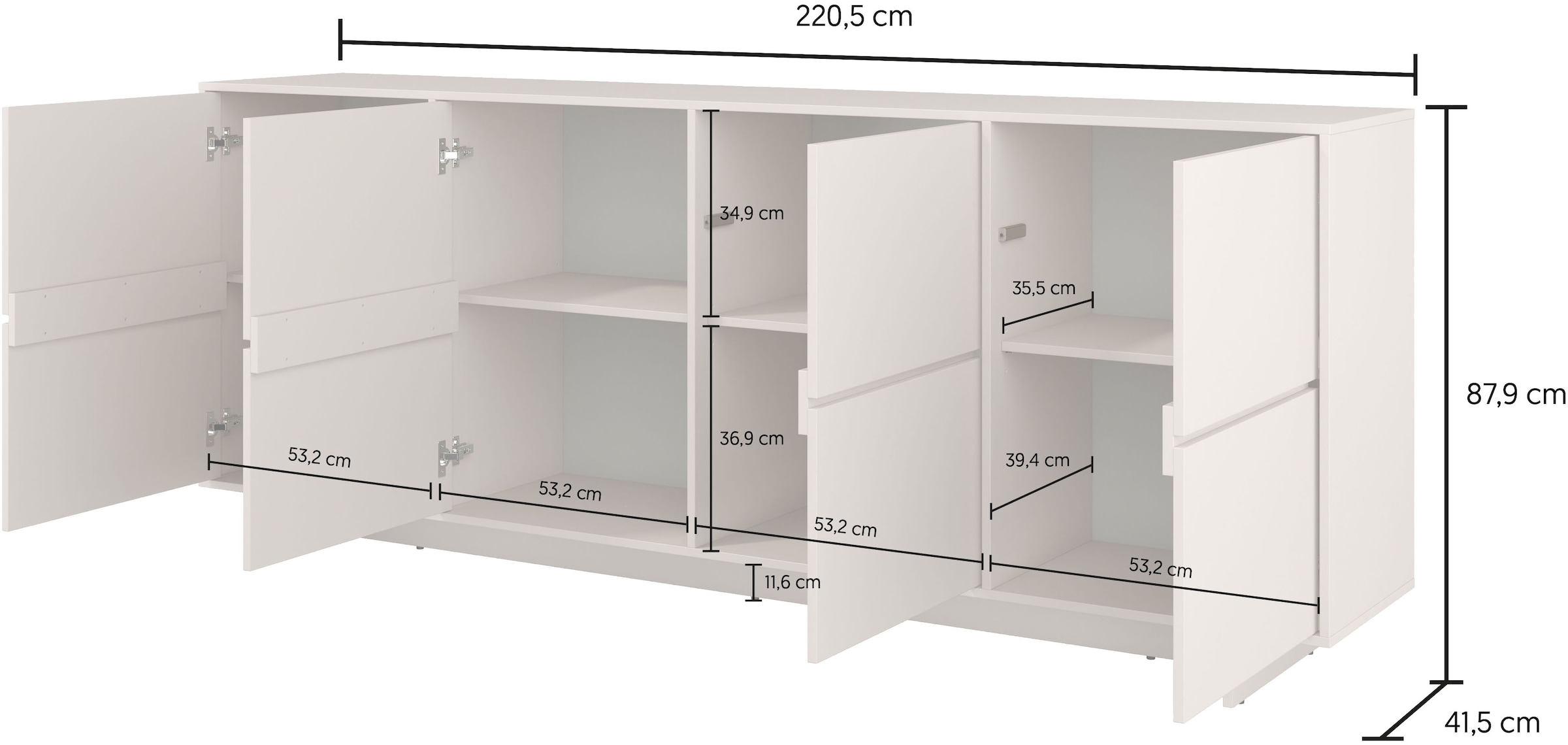 OTTO home Sideboard »Tatami, Stilvolle, moderne grifflose Kommode 4 Türen, Breite 220cm« Anrichte mit viel Stauraum, Böden verstellbar, push-to-open-Funktion
