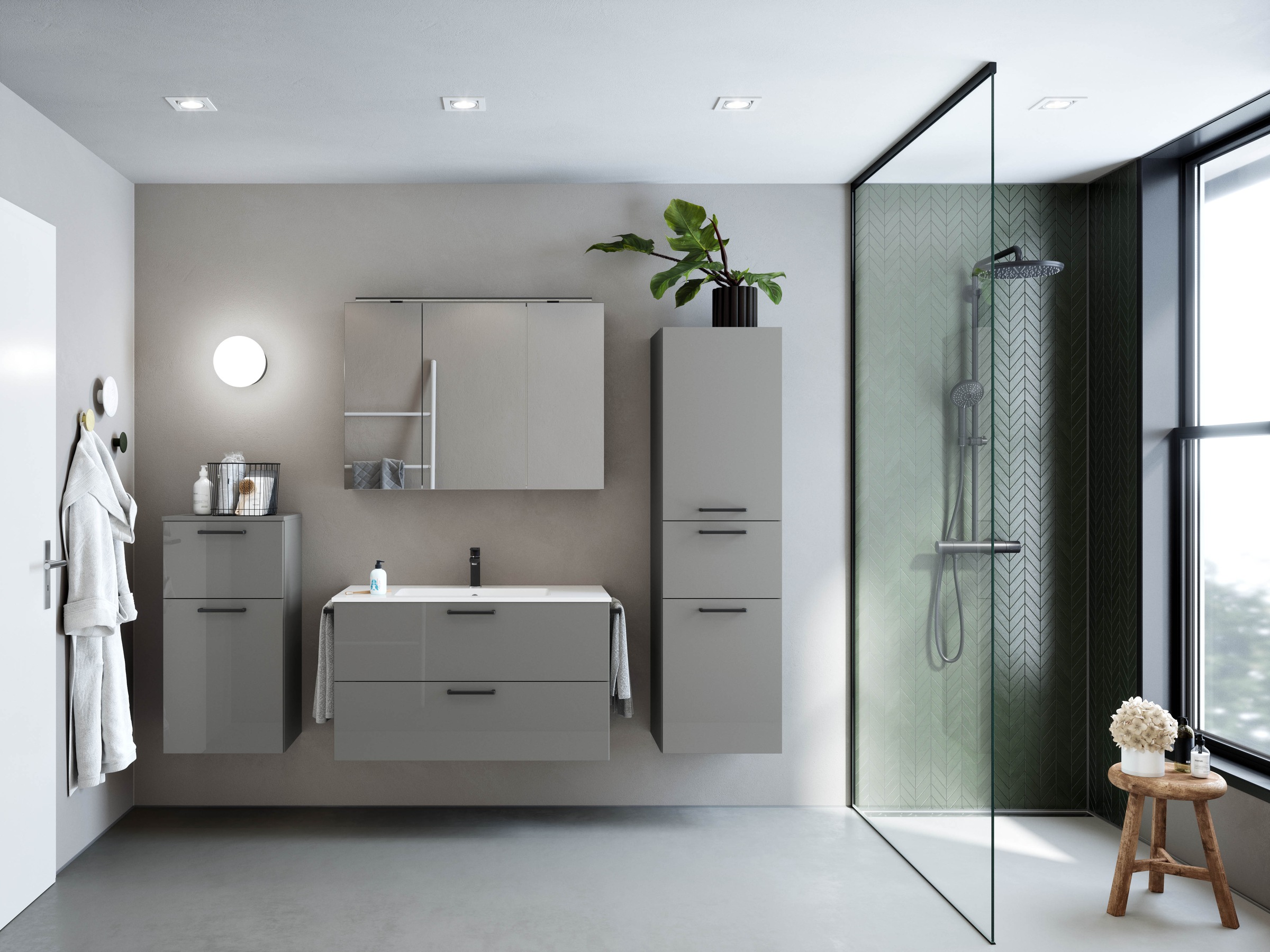 nobilia® Badmöbel-Set »Tolvina«, (2 St., vormontiert, mit Soft-Close), inkl. Spiegelschrank mit Beleuchtung und Dimmerfunktion, in 4 Breiten