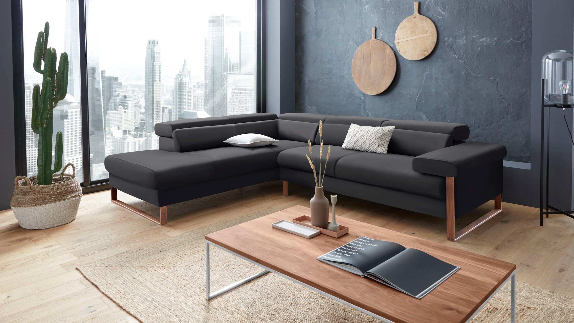W.SCHILLIG Ecksofa »finn, Designsofa mit tollem Sitzkomfort, bequem, L-Form«, German Design Award 2016, Fußgestell Nussbaum natur, Breite 281 cm