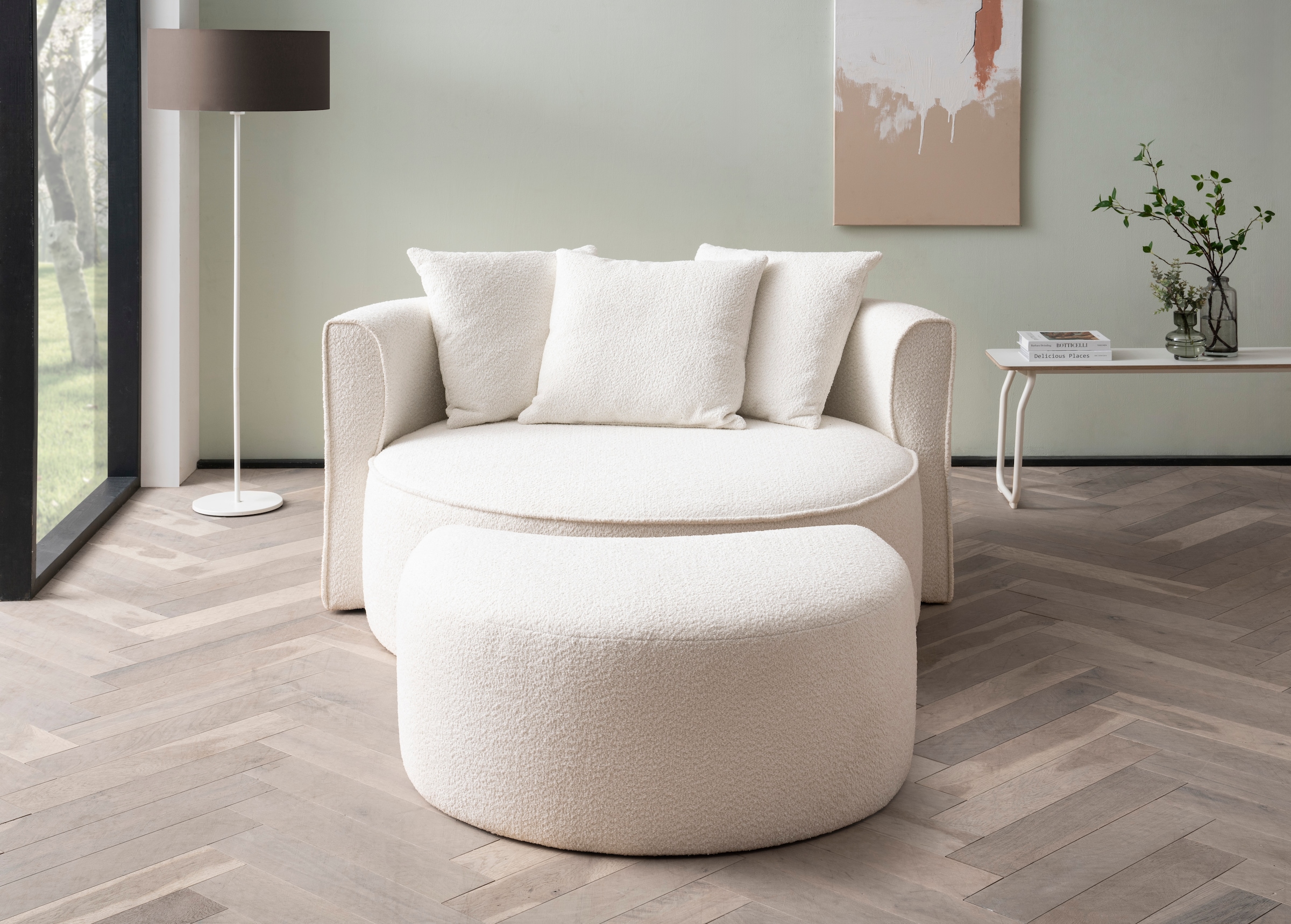 LeGer Home by Lena Gercke XXL-Sessel »ISALIE, Rundsessel mit Hocker, Lesesessel, Loveseat, Big-Sessel«, (Set), trendige Stoffe, 3 Zierkissen, große Sitzfläche, Cord, Samt, Bouclé