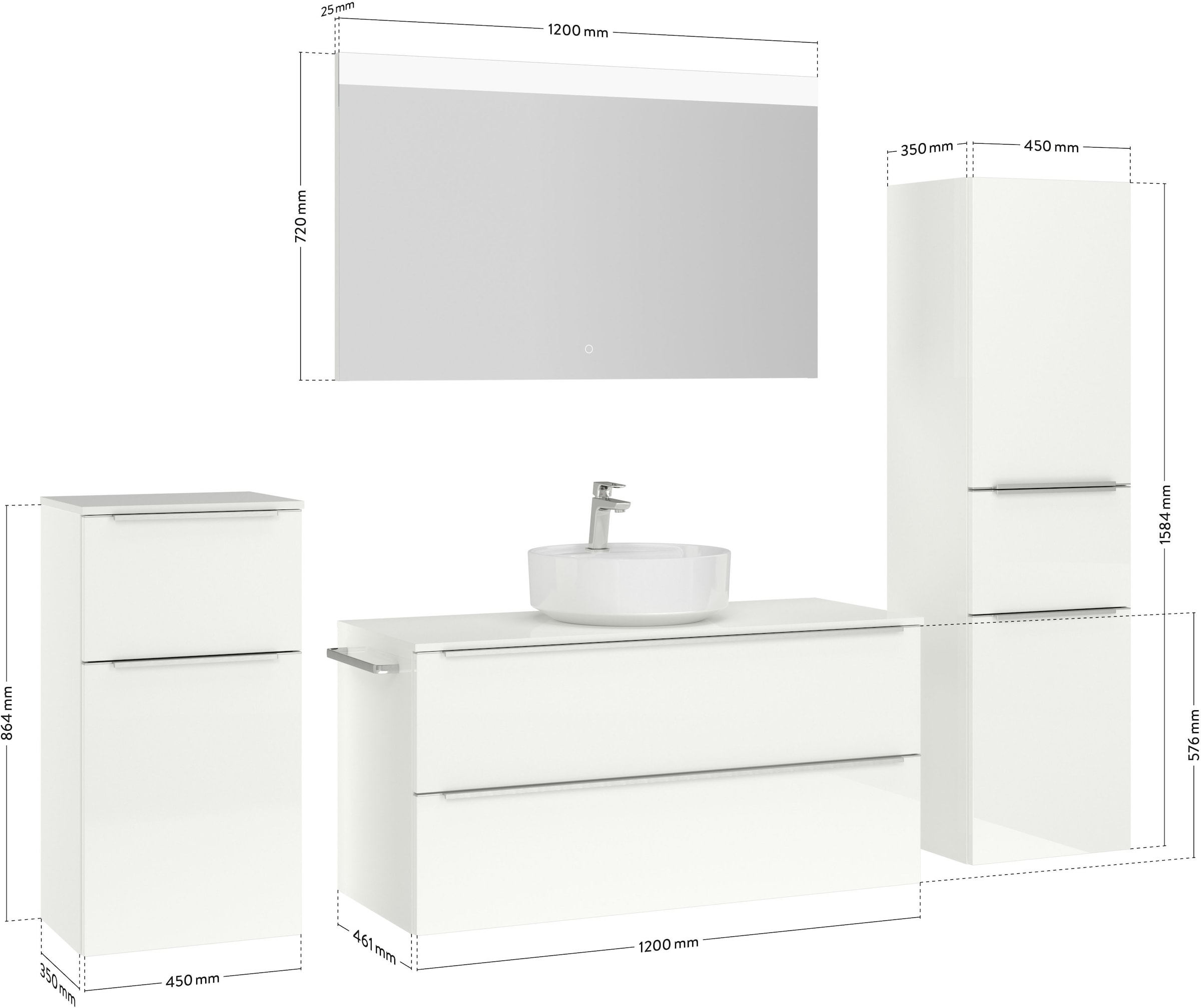 nobilia® Badmöbel-Set »Alvene«, (4 St., vormontiert, mit Soft-Close), Hochglanz, inkl. Spiegel mit Touch-Sensor, in vier Breiten