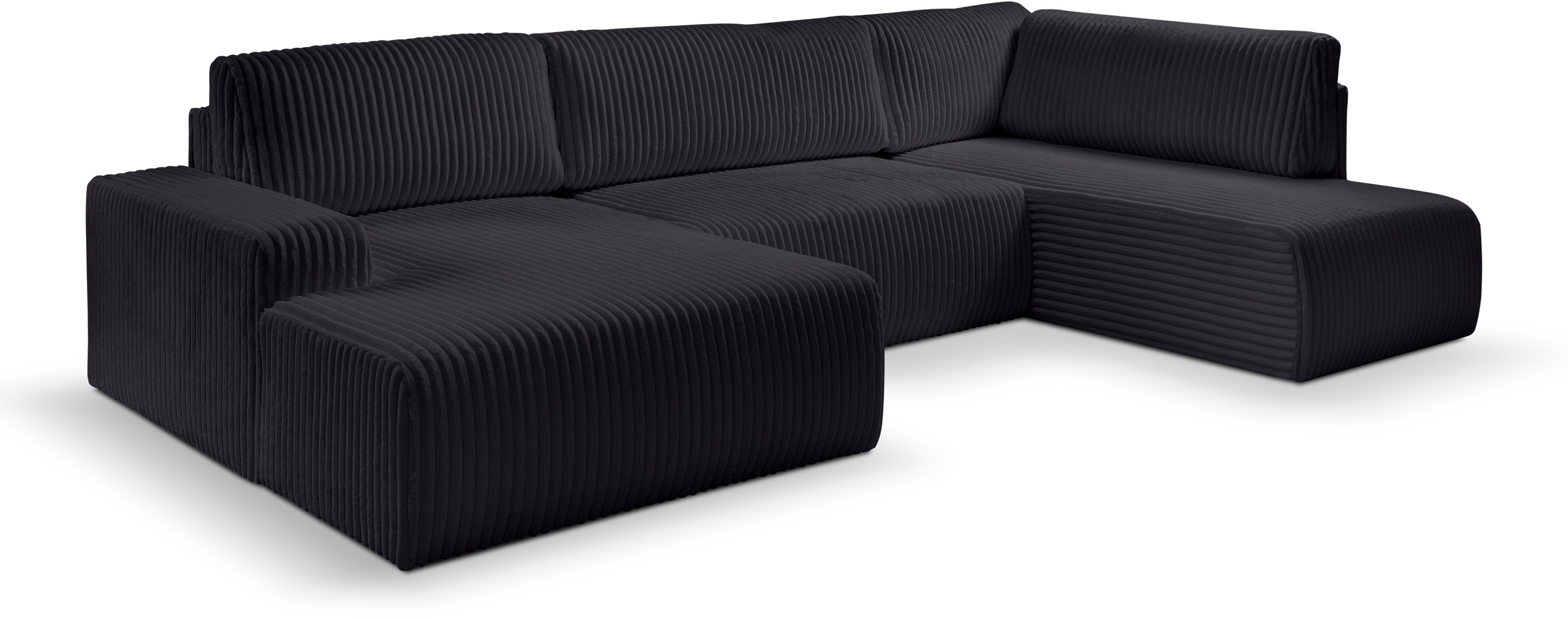 WERK2 Wohnlandschaft »Rotterdam-U, U-Form, in kuschelweichem Cord oder Breitcord«, Design Sofa mit Schlaffunktion & Bettkasten, Breitcord, Schwarz