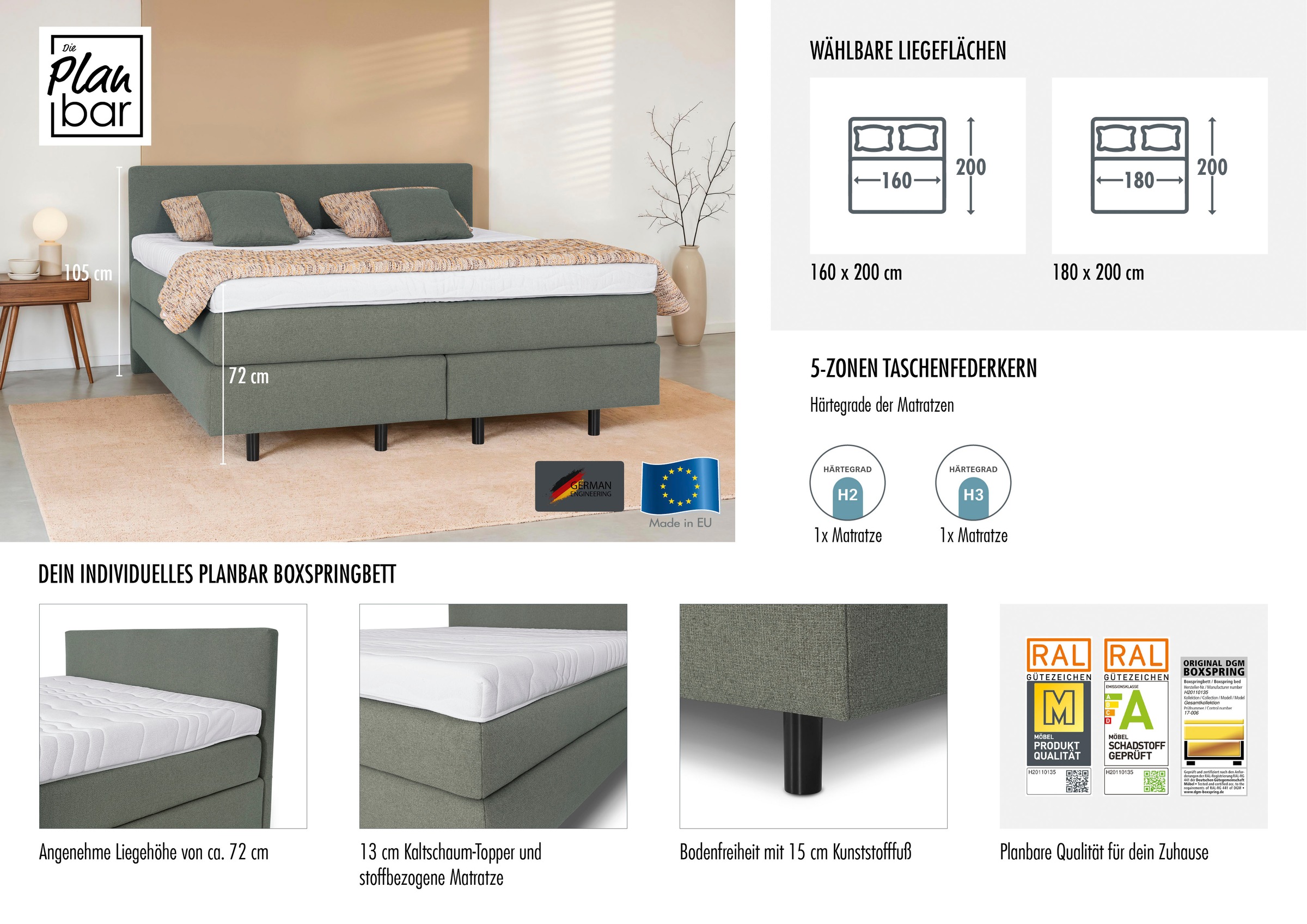Die PlanBar Boxspringbett »OC-ON23163« inkl. Matratzen, Topper u. Bonellfederkern Unterbau, 160/180x200cm