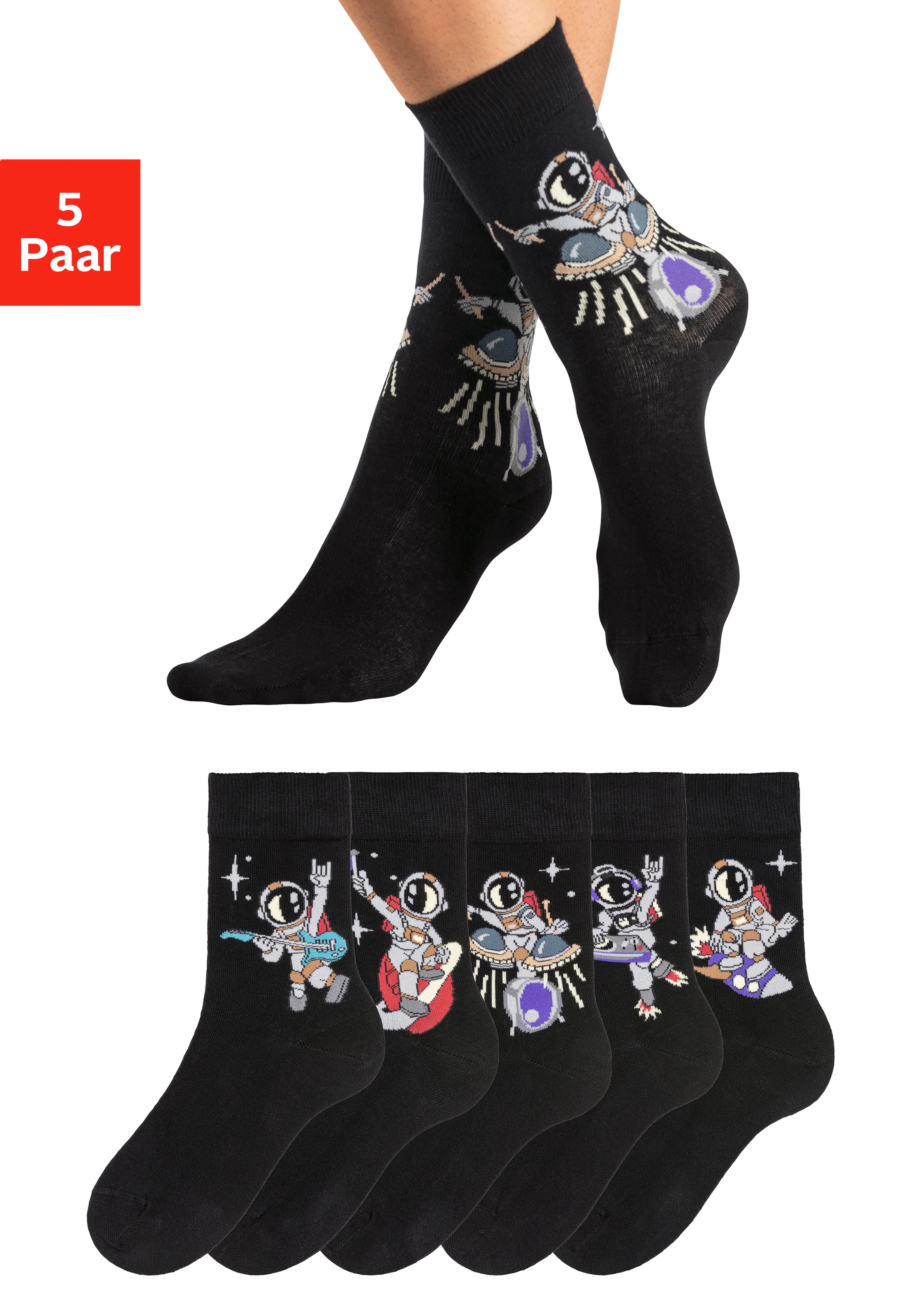 H.I.S Socken Packung, 5 Paar tlg. mit Astronaut-Motiven 5x schwarz 31-34 31-34 Kindersocken Weltall im 5er Pack
