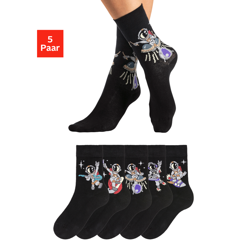 H.I.S Socken Packung, 5 Stk. tlg. mit Astronaut-Motiven 5x schwarz 27-30 27-30 Kindersocken Weltall im 5er Pack