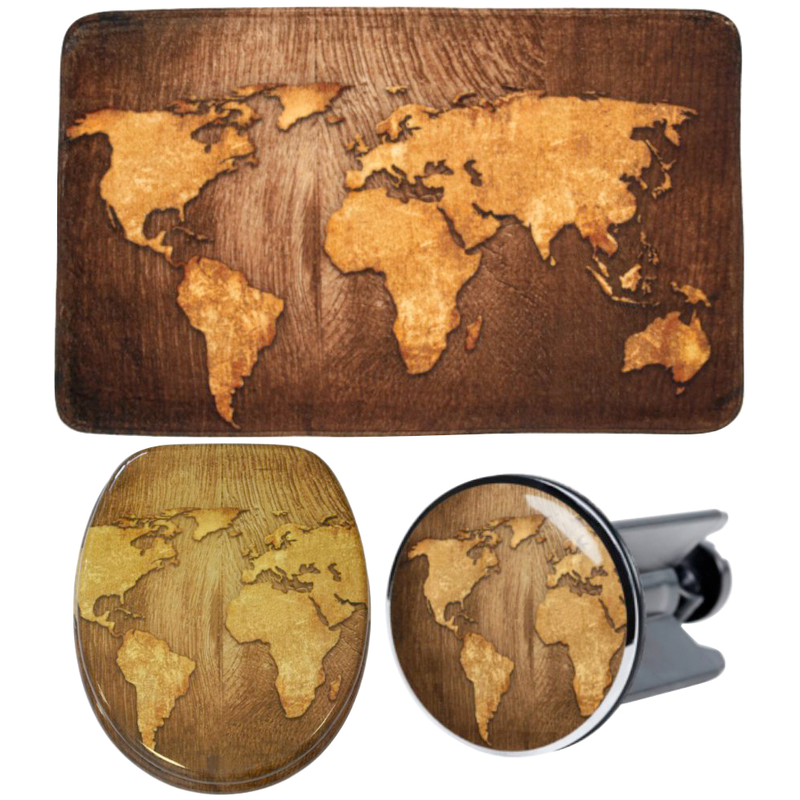 SANILO Badaccessoire-Set »World Map« bestehend aus WC-Sitz, Badteppich und Waschbeckenstöpsel braun