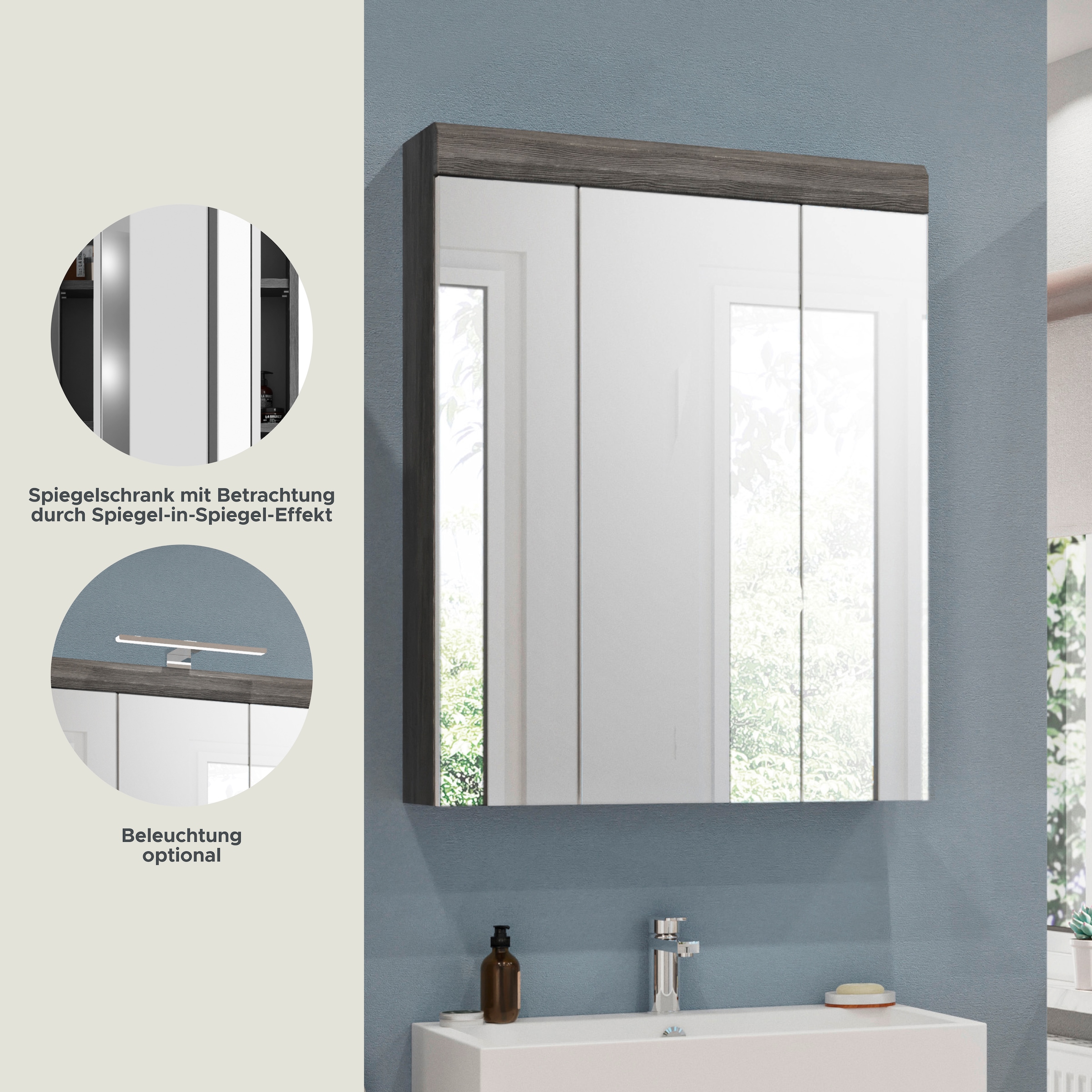 INOSIGN Badezimmerspiegelschrank »Siena, Breite 60cm, 3 Spiegeltüren, 9 Fächer, 6 Einlegeböden«, in verschiedenen Farben erhältlich, Badmöbel, Spiegel, Badschrank, Bad
