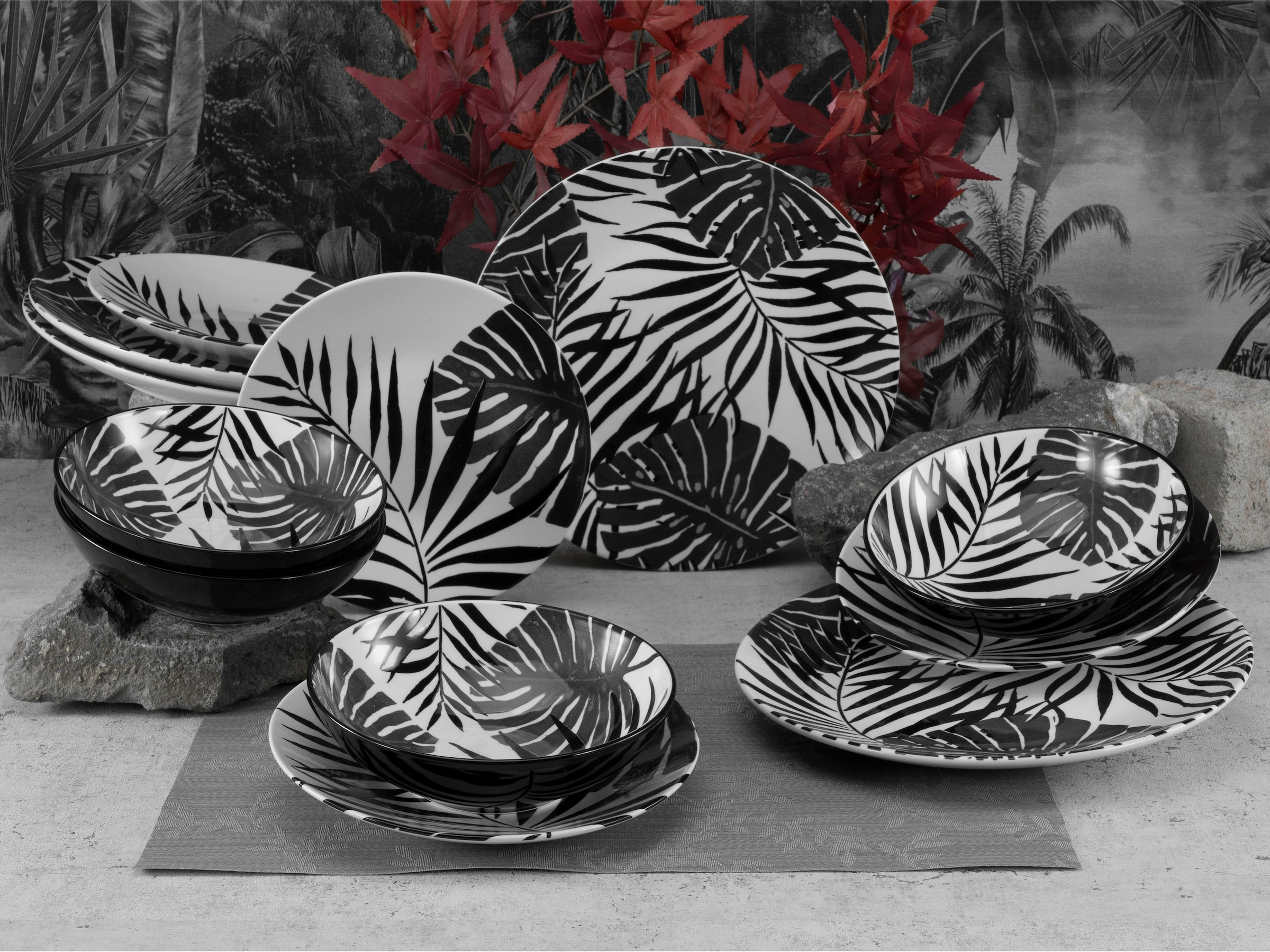 CreaTable Teller-Set »Tropicana«, (Set, 12 tlg.), vollflächiger tropischer Blätter Dekor