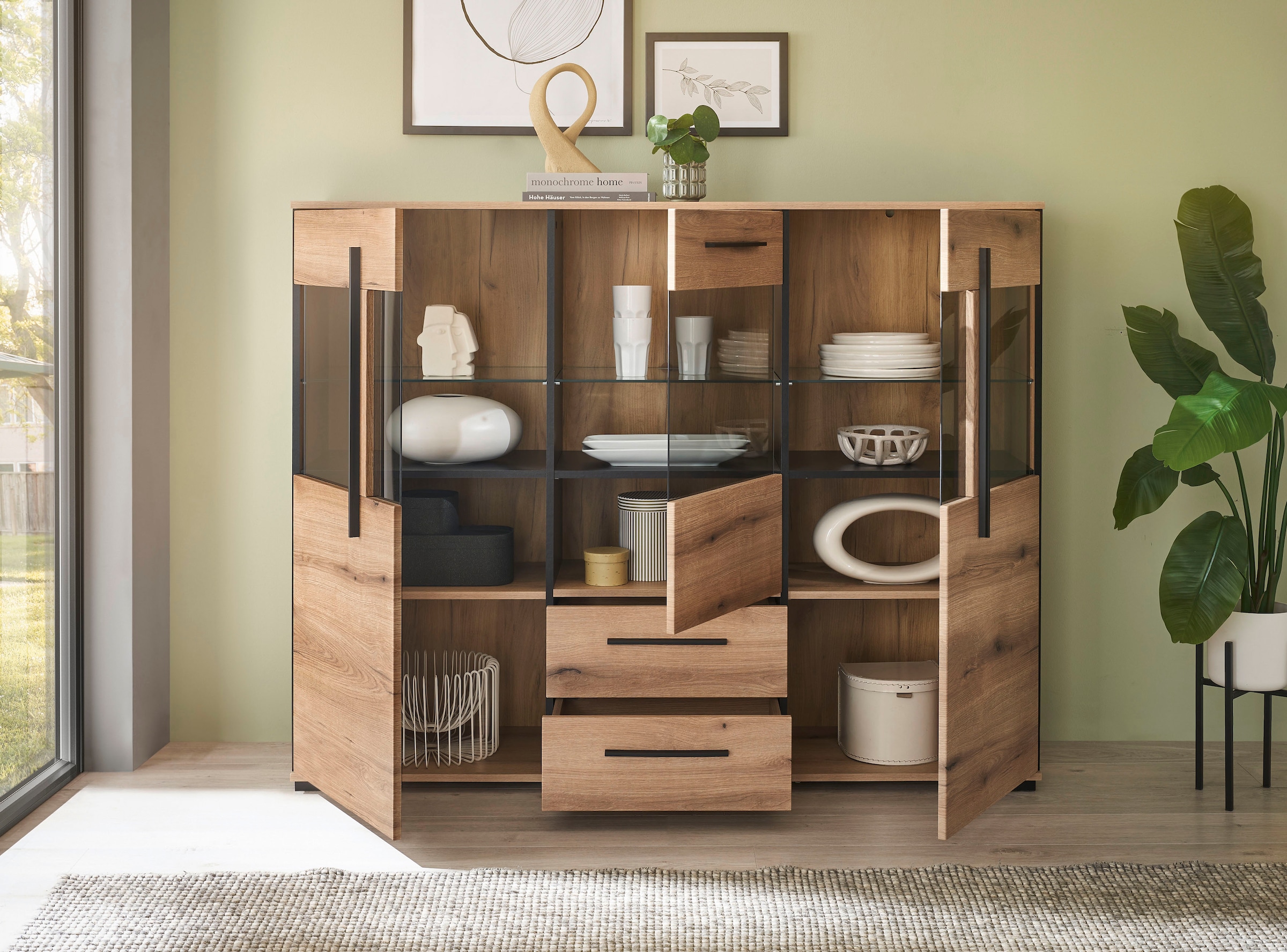 INOSIGN Highboard »Cantara, moderner Schrank, Vitrine in Eiche Dekor oder weiß«, schwarze Stangengriffe, ausreichend Stauraum, vielseitig einsetzbar