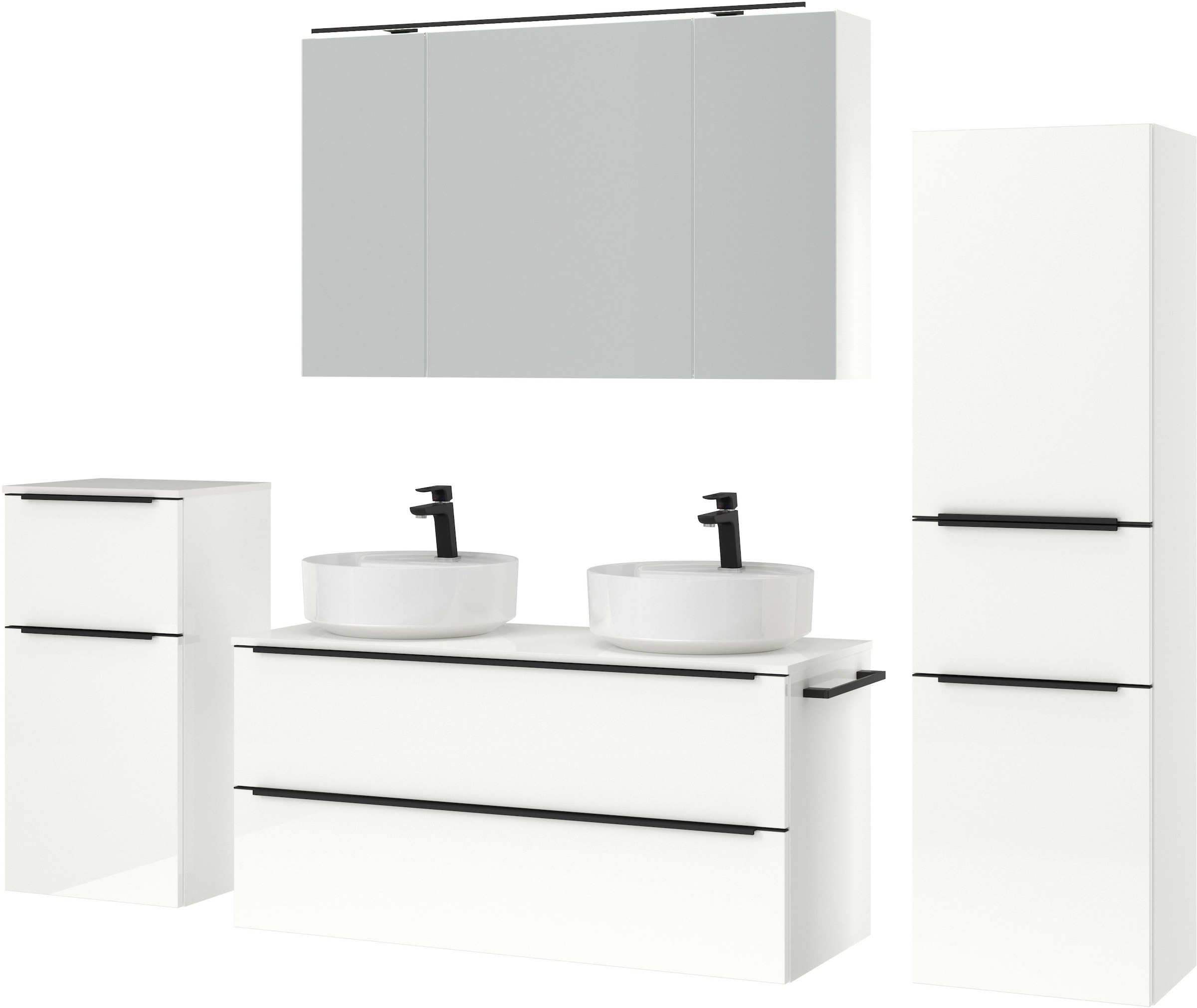 nobilia® Badmöbel-Set »Alvene«, (4 St., vormontiert, mit Soft-Close), inkl. Spiegelschrank mit Beleuchtung und Dimmerfunktion, in 4 Breiten
