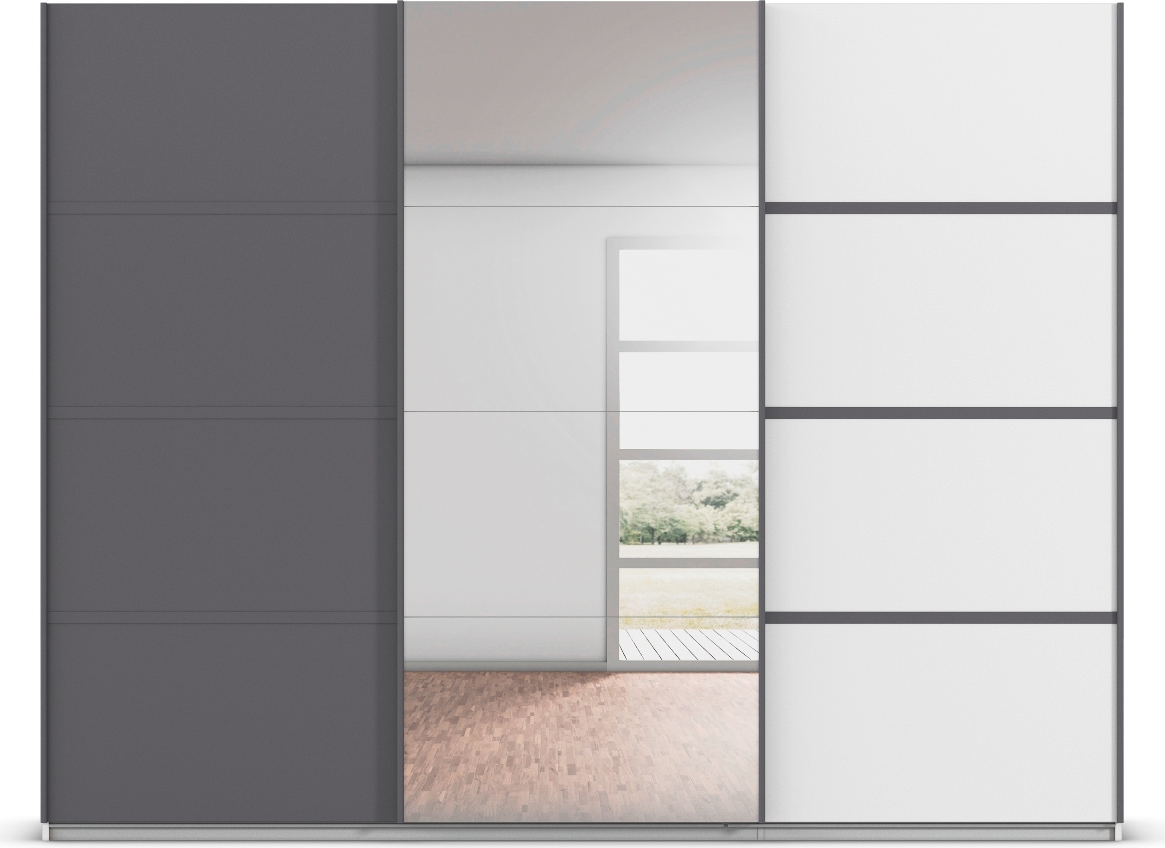 rauch Kleiderschrank »Schwebetürenschrank OTTO´s Choice Garderobe Schrank TOP ANGEBOT Avola«, (in 3 verschiedenen Ausstattungen BASIC/CLASSIC/PREMIUM inkl. Spiegel), mit eleganten Zierleisten in Chrom, Schwarz oder Weiß MADE IN GERMANY