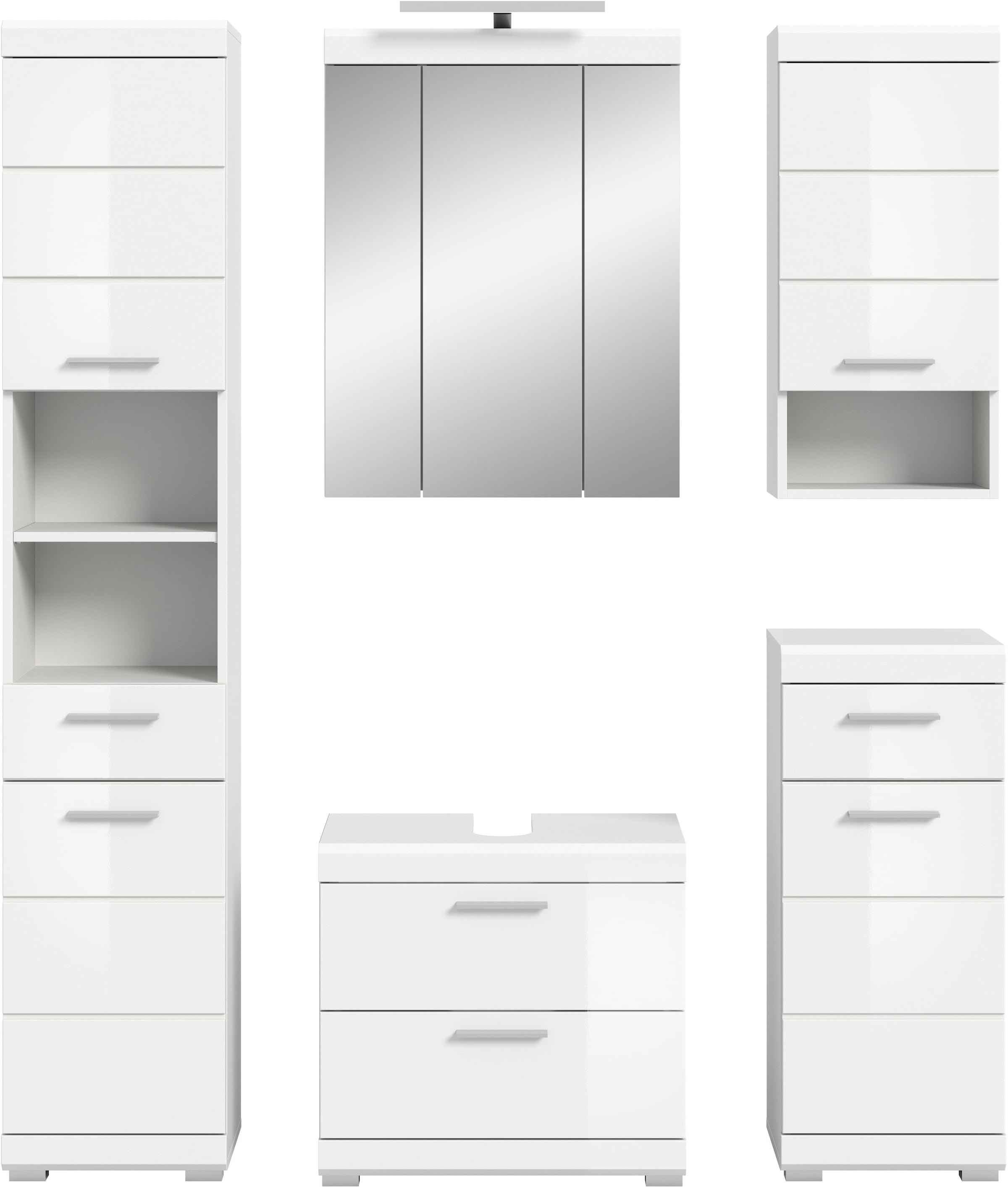 INOSIGN Badmöbel-Set »Siena, 5 teilig, inklusive LED Beleuchtung, bestehend aus:«, (Set), Hochschrank, WBU, Spiegelschrank, Unterschrank, Hängeschrank