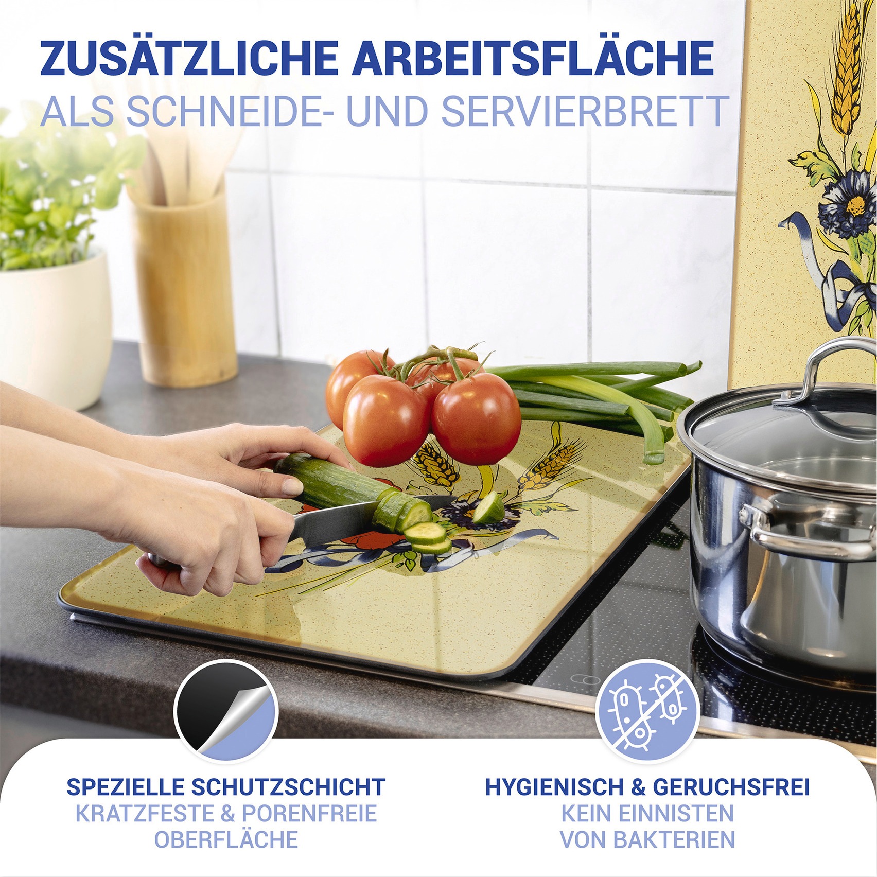 WENKO Herd-Abdeckplatte »Universal Modell Kornblumen«, (Set, 2 tlg.), Herdabdeckung für alle Herdarten, kratzfest, mit rutschfesten Füßen