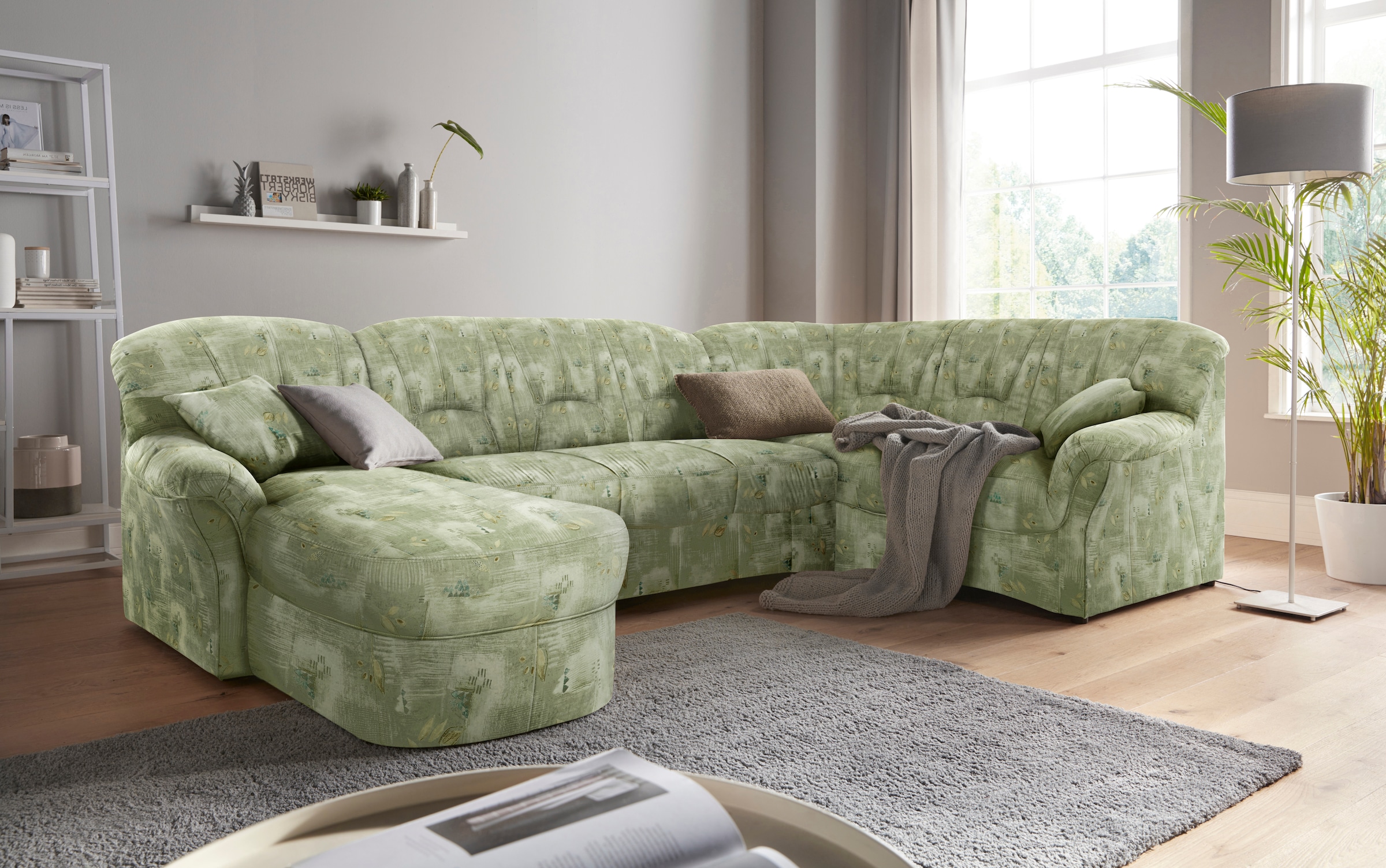 DOMO collection Wohnlandschaft »Bahia U-Form, B/T: 308/200 cm, mit Federkern, belastbar bis 140kg/Sitz«, Microfaser, natur