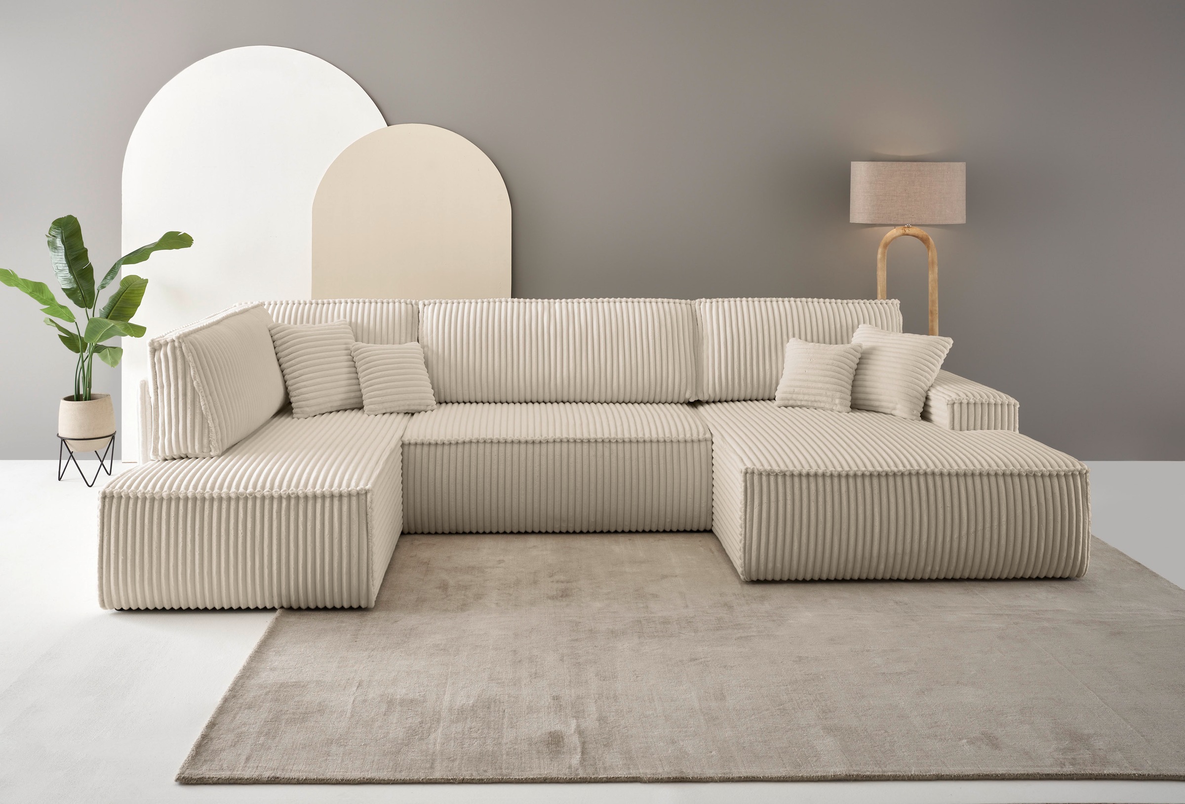 andas Wohnlandschaft »FINNLEY U-Form XXL 329 cm, Schlafsofa, Schlaffunktion m. Bettkasten«, (194/139 cm), Bouclé, Struktur und Cord