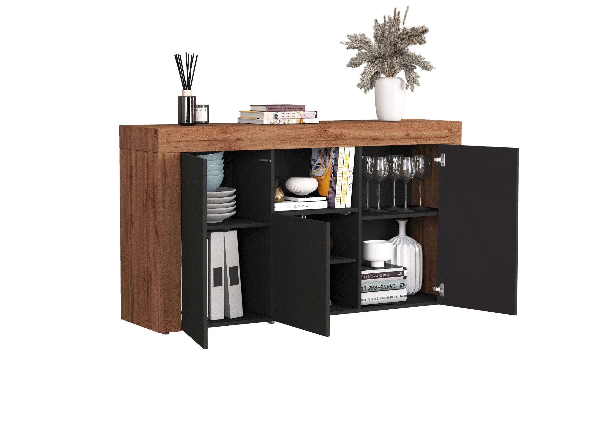 INOSIGN Sideboard »CHRONOS Breite 155 cm mit 3 Türen, 1 offenes und 6 geschlossene Fächer«, (1 St.), Sideboard,Kommode, Schrank, Grifflos mit Push to Open, Made in Italy