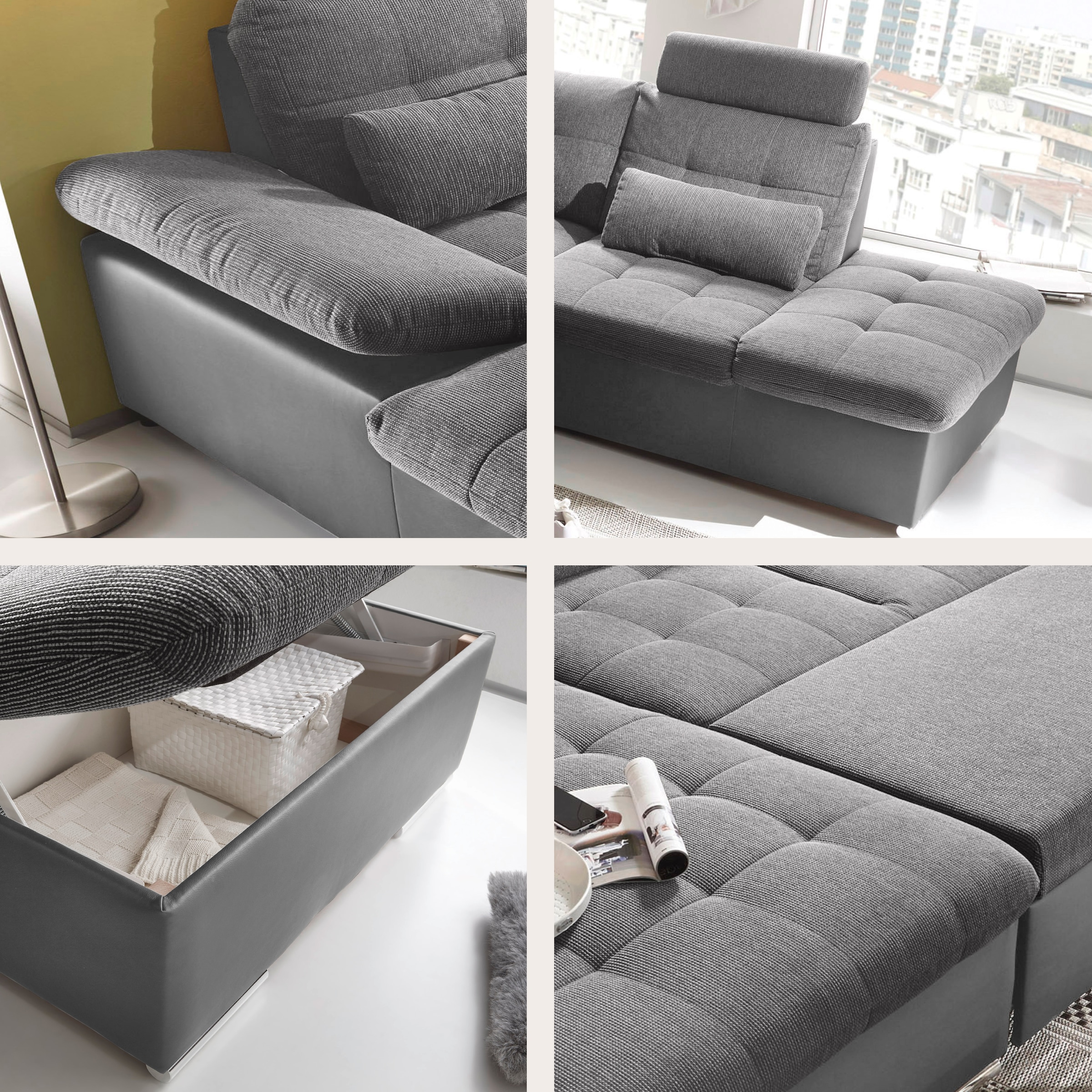 ED EXCITING DESIGN Wohnlandschaft »Jakarta U-Form mit Bettfunktion, Bettkasten« Armteilverstellung, Kopfstützen & 3 Nierenkissen