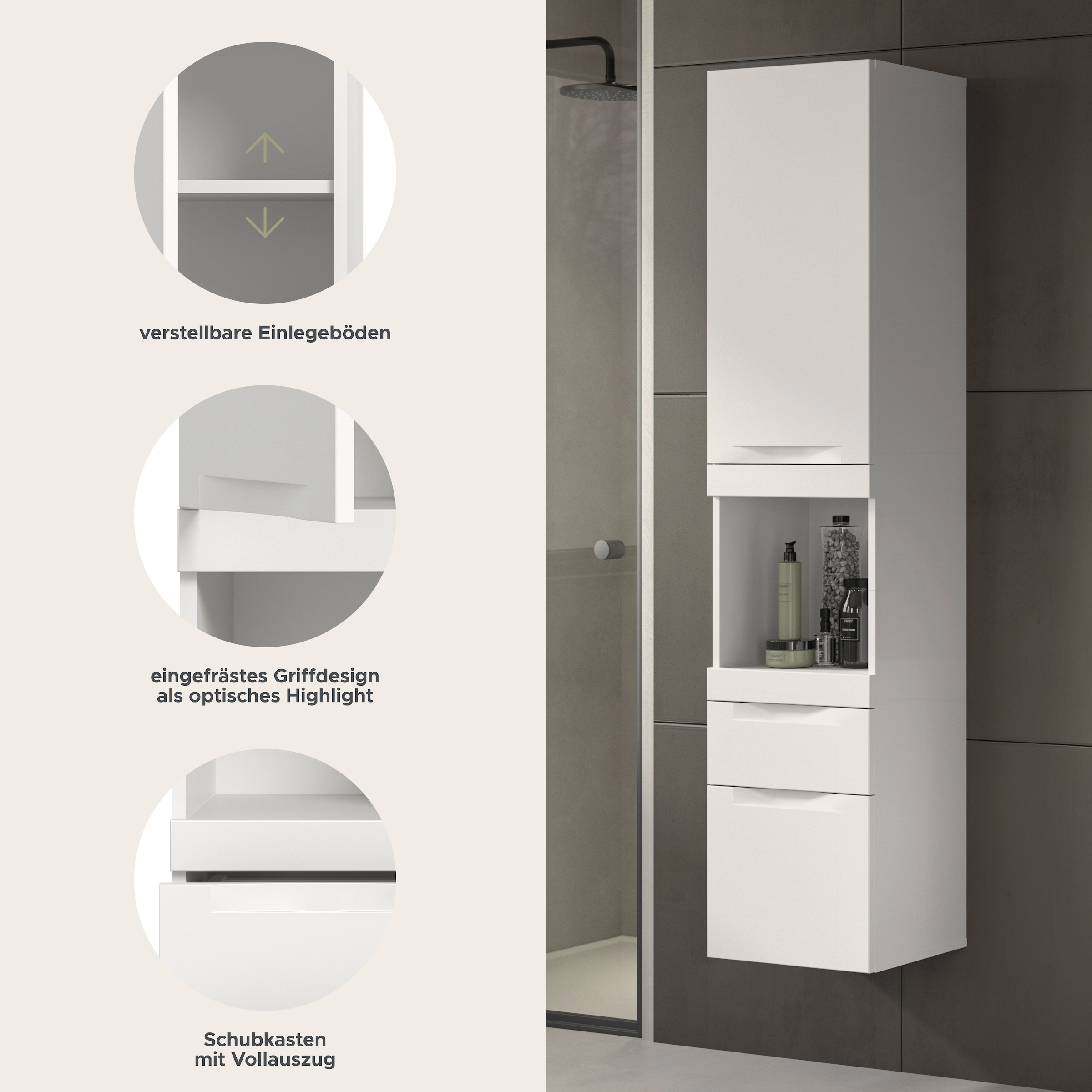 OTTO home Hängeschrank »MAOI, Höhe 166cm, 1 Tür, 2 Schubkästen, 1 offenes Fach« Badezimmerschrank, Schrank, Kommode, Midischrank, Bad, Badezimmer