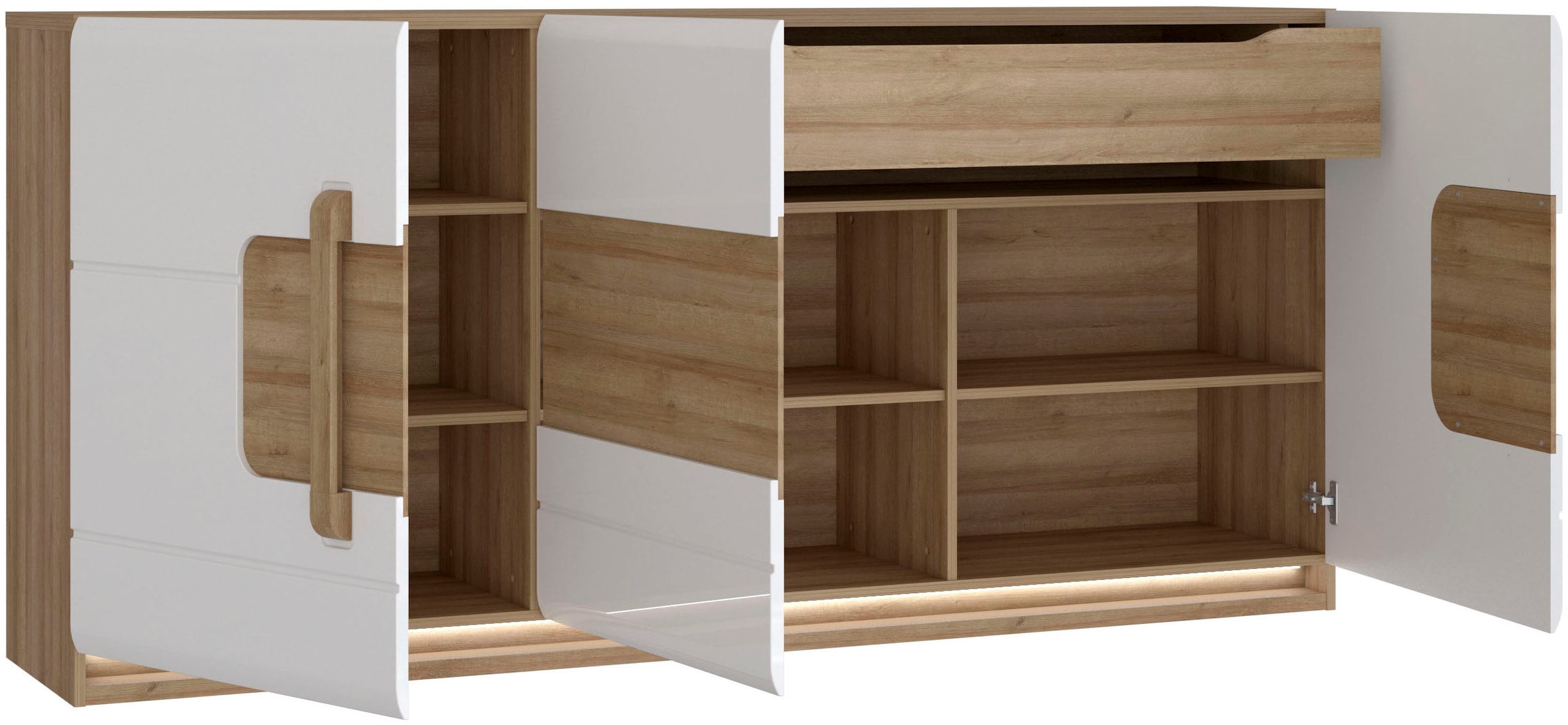 FORTE Sideboard »Attention«, (3 Türen, 7 Fächer und integrierter Schubkasten), Sideboard, Beleuchtung, Soft Close, Stauraum, Breite 194,6cm