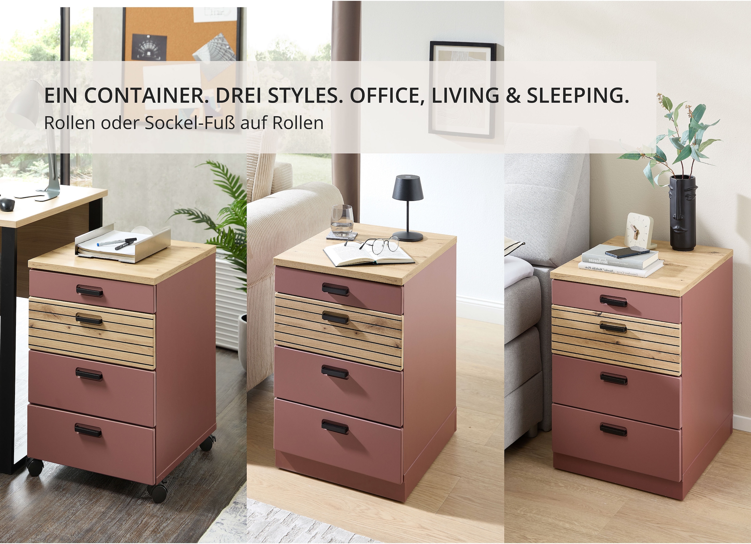 Innostyle Rollcontainer »Nachtkommode Glenn, 45 x 66 x 55 cm (B/H/T)«, (1 St.), inkl. Filzeinlage, 4 Rollen (2 mit Bremsen) oder Sockel, SK Soft-Close